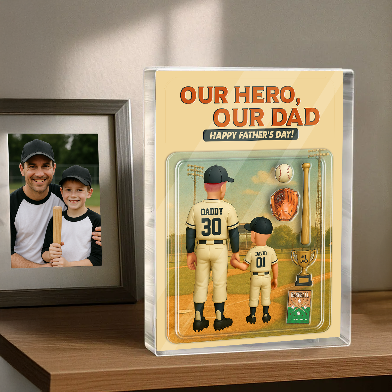 Caught The Best Dad - Personalized Baseball Dad Name Gift - Custom Shape Acrylic Block Plaque