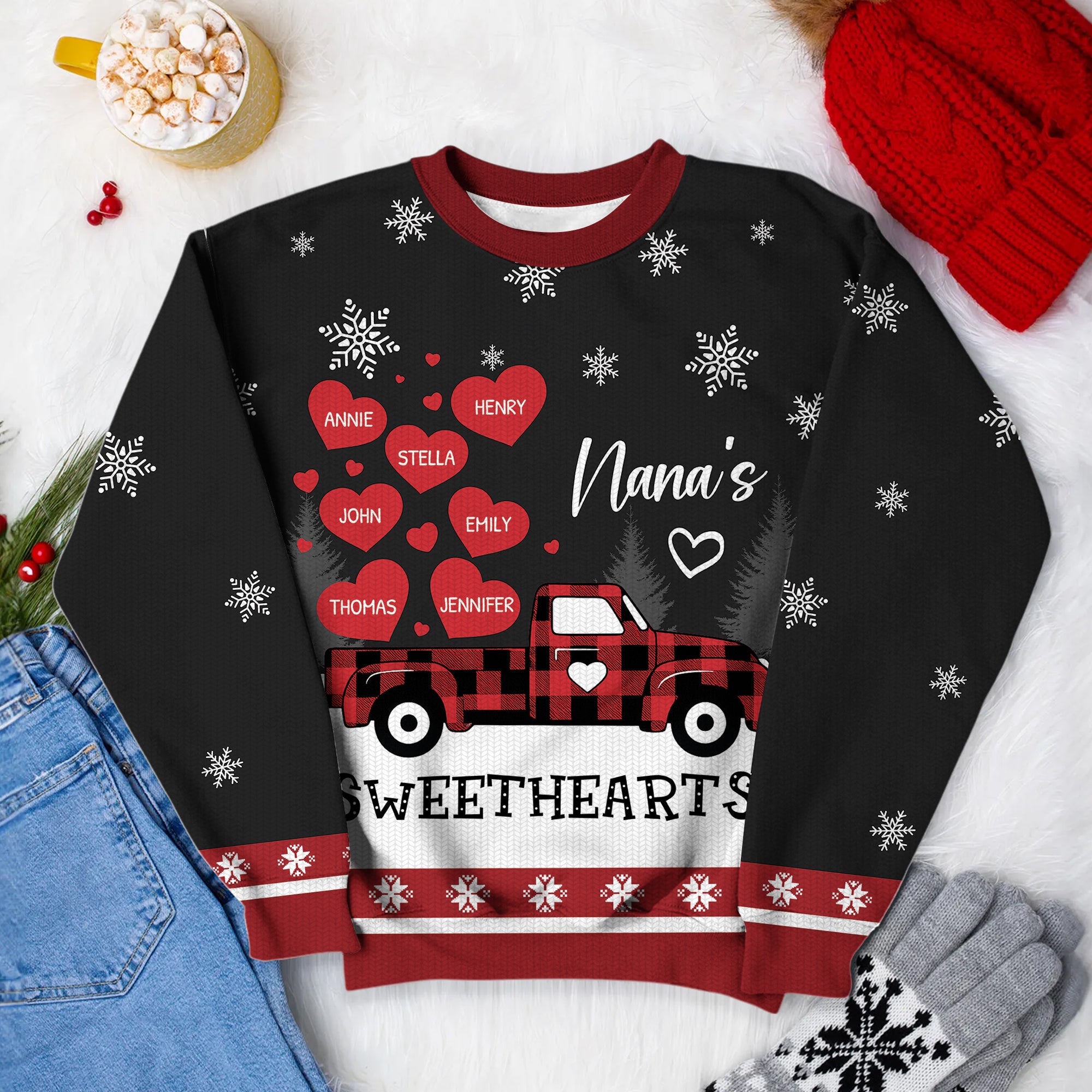 Nana's Heart Car - Custom Name Ugly Christmas Sweatshirt - All-Over-Print Sweatshirt