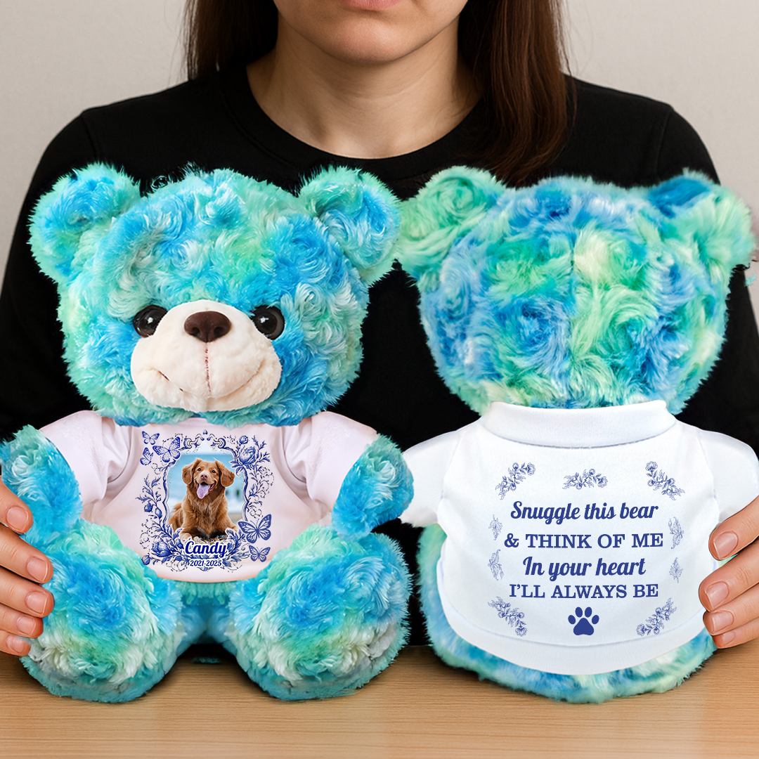 Snuggle This Bear and Think of Me - Personalized Pet Memorial Bear Plush - Custom Name and Photo Teddy Bear