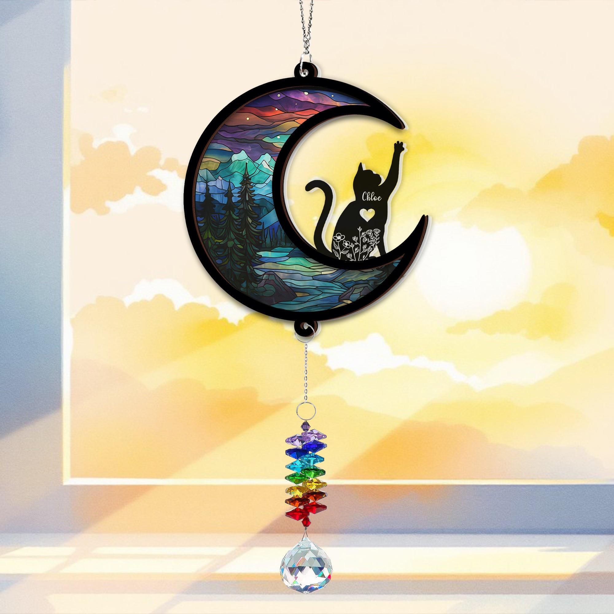 Cat Silhouette - Ornament Hanging Piece With Crystal Charm - Cat Lover Gift