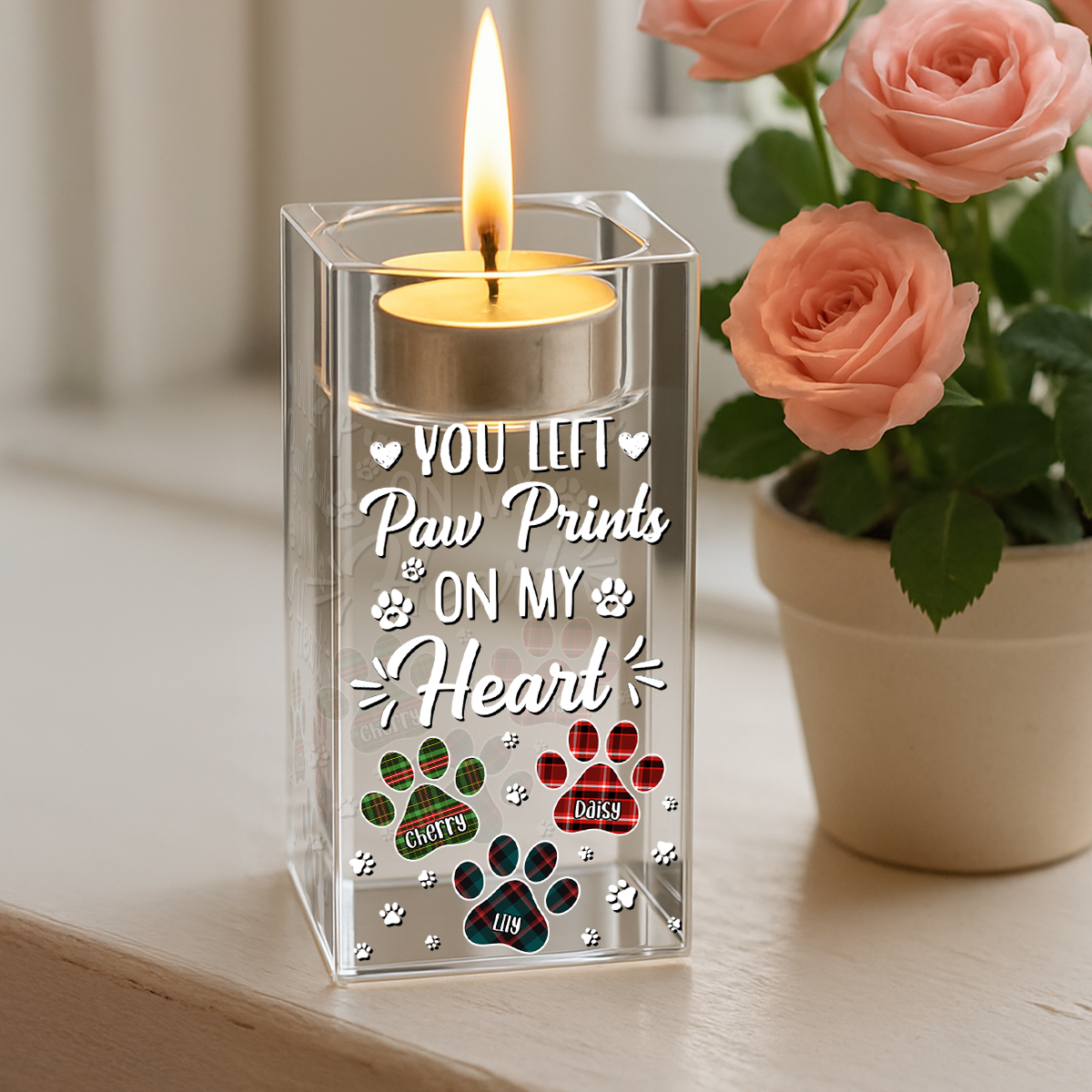 Pawprints On My Heart - Personalized Crystal Candle Holder - Pet Memorial