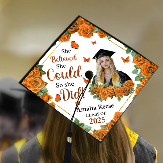 She Believed She Could, So She Did – Custom Graduation Cap Topper | Class of 2025 | Personalized With Name