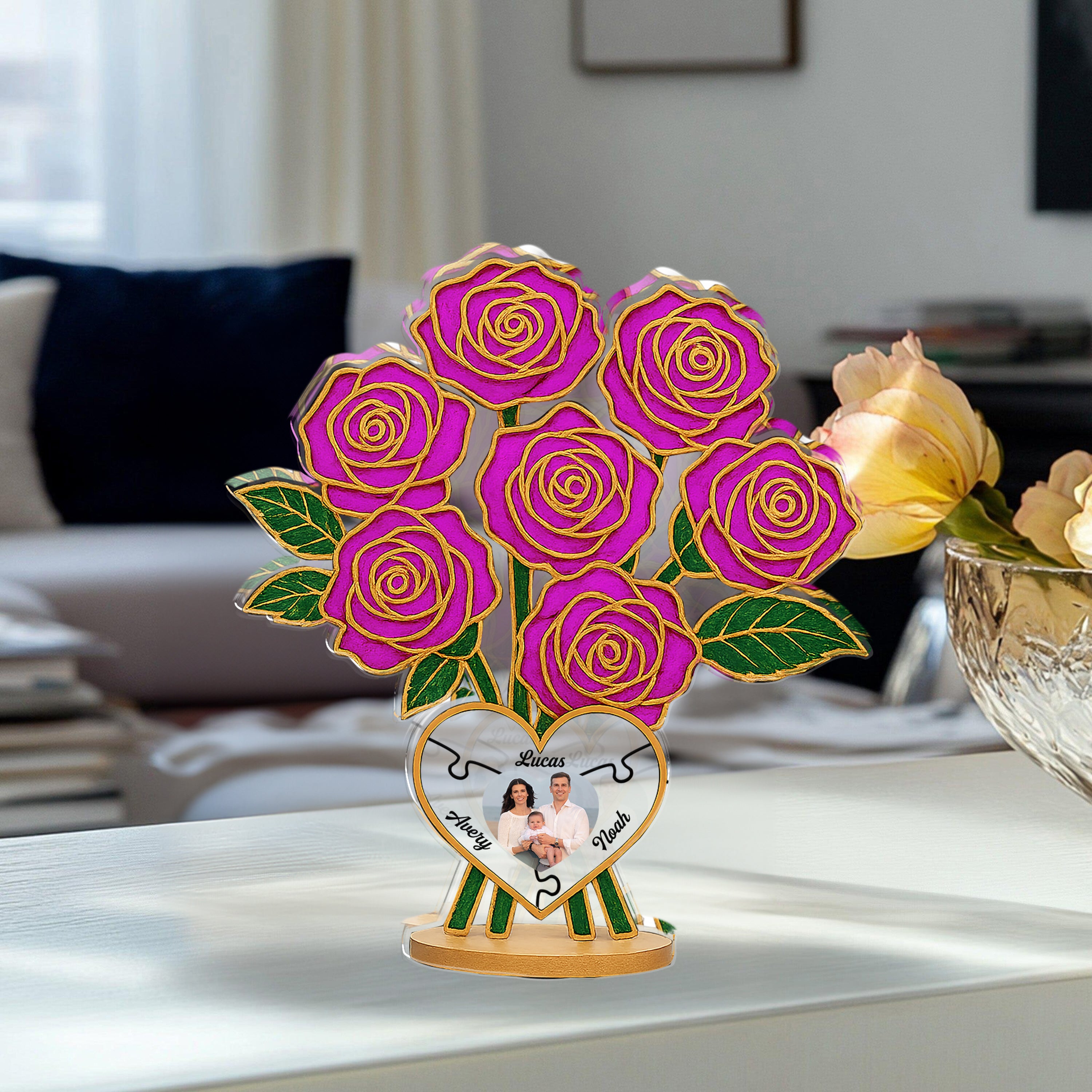 Family Rose Photo - Custom Photo and Name Family Gift  - Custom Shape Acrylic Block Plaque