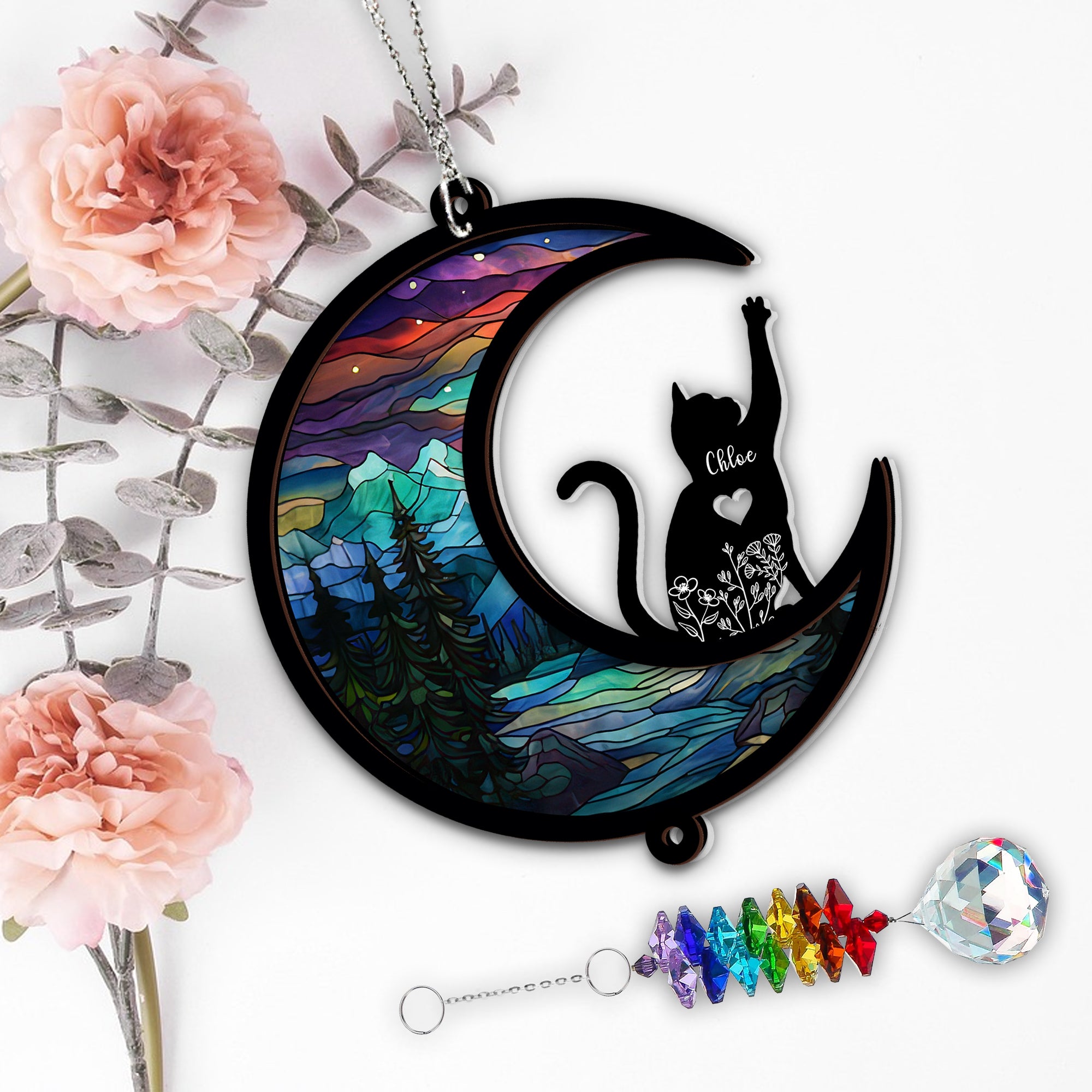 Cat Silhouette - Ornament Hanging Piece With Crystal Charm - Cat Lover Gift