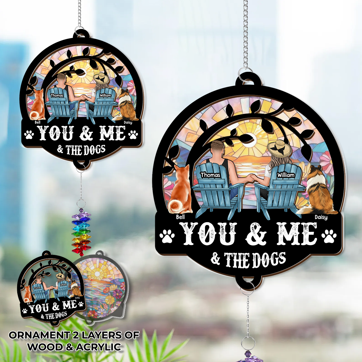 You & Me And The Dogs - Ornament Hanging Piece With Crystal Charm - Couple Gift