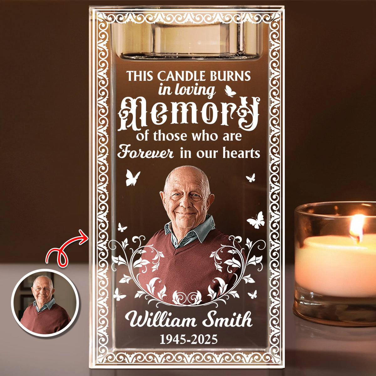 Custom Name and Photo - Personalized Crystal Candle Holder - Memorial Gift