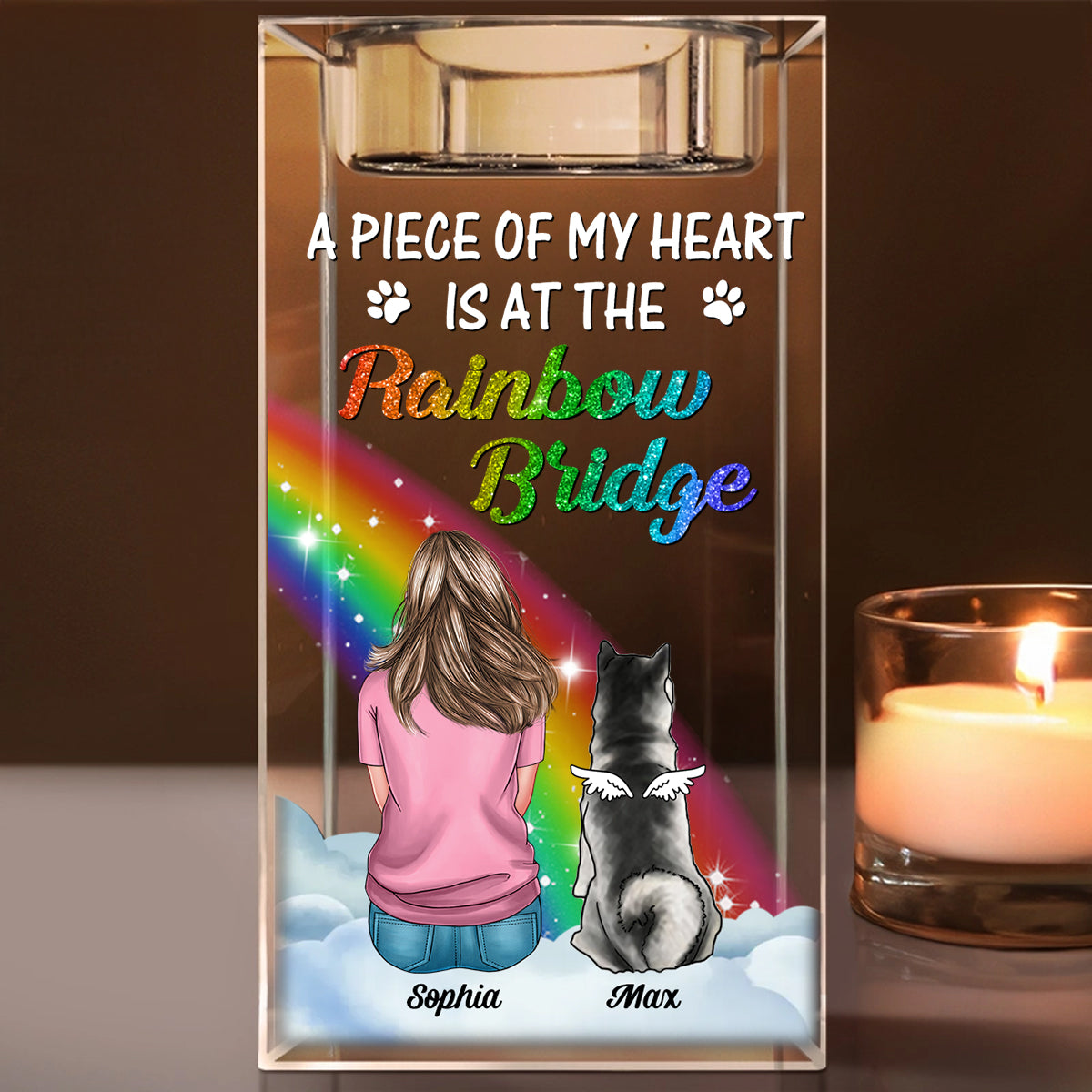 Custom Name and Appearance - Personalized Crystal Candle Holder - Rainbow Bridge