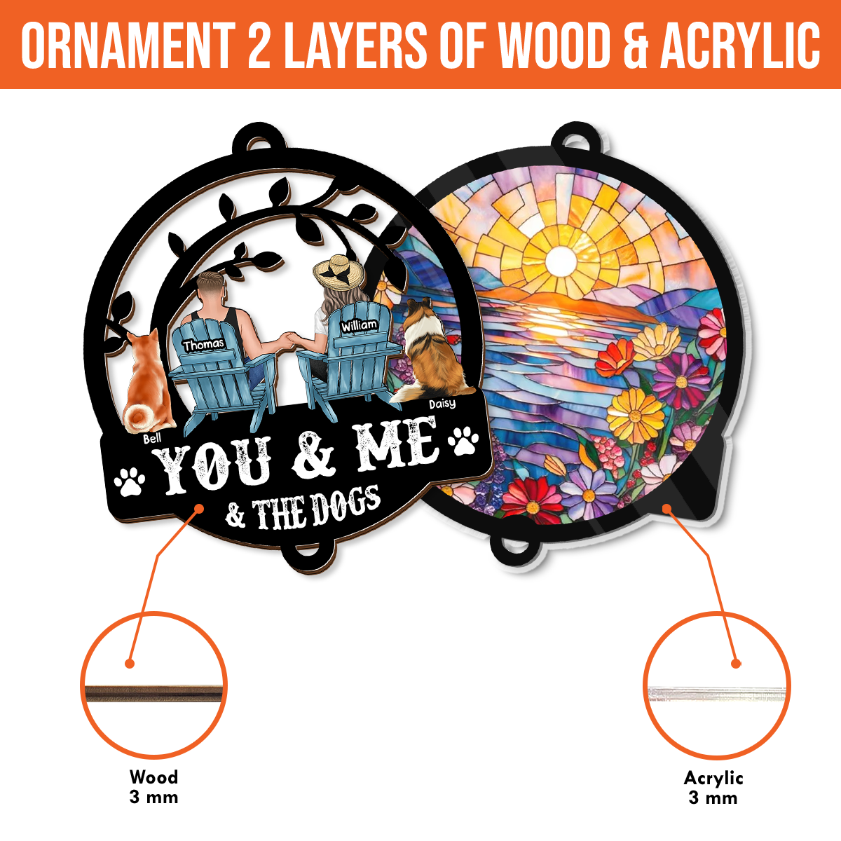 You & Me And The Dogs - Ornament Hanging Piece With Crystal Charm - Couple Gift