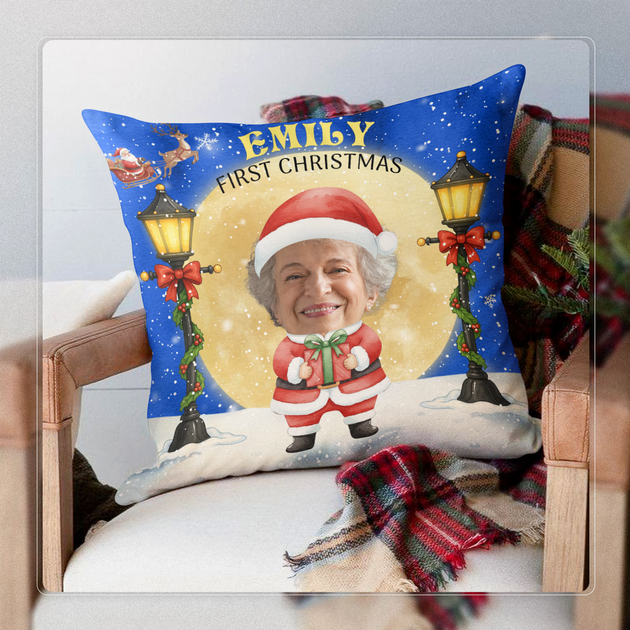 Custom Name and Photo - First Christmas - Personalized Pillow - Christmas Gift