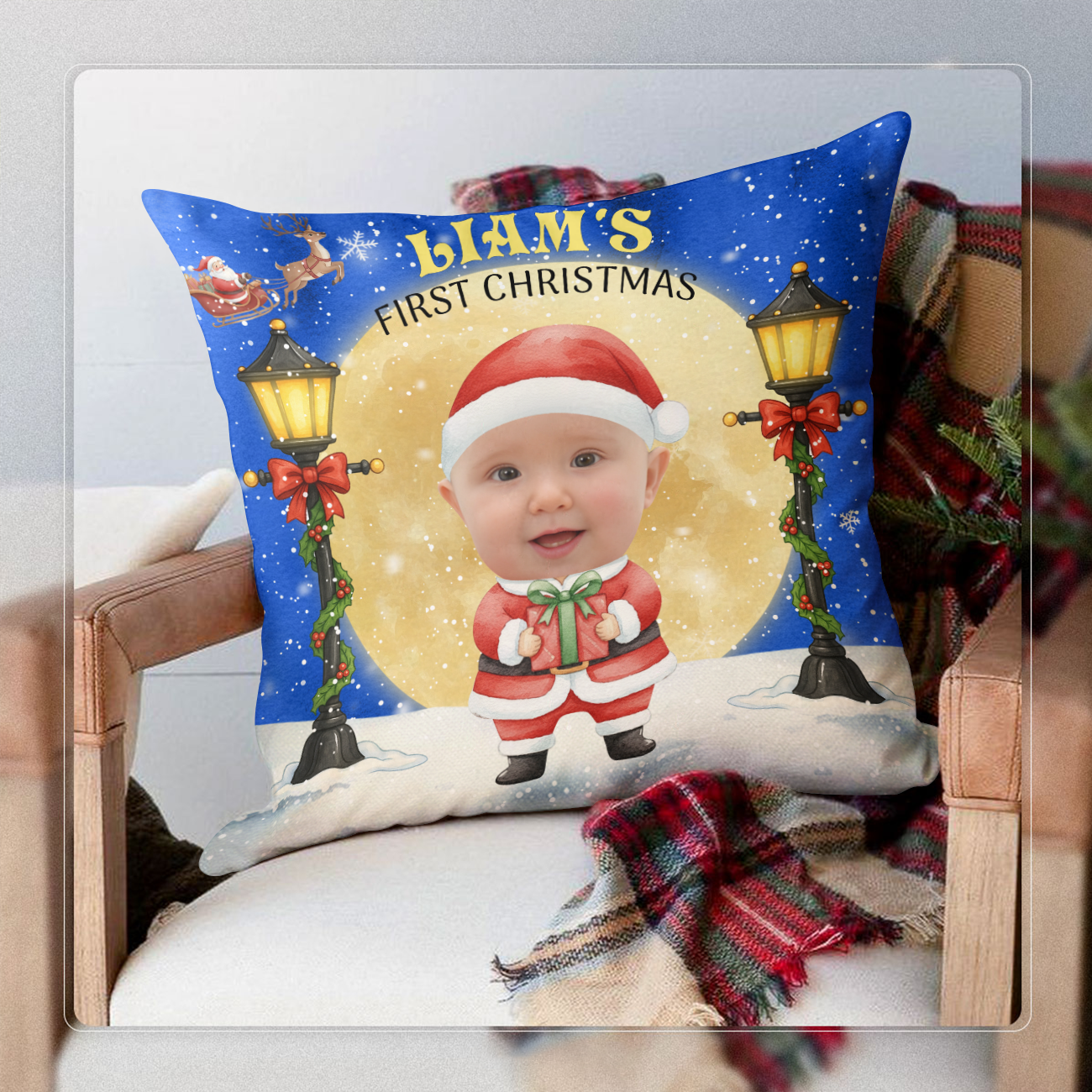 Custom Name and Photo - First Christmas - Personalized Pillow - Christmas Gift