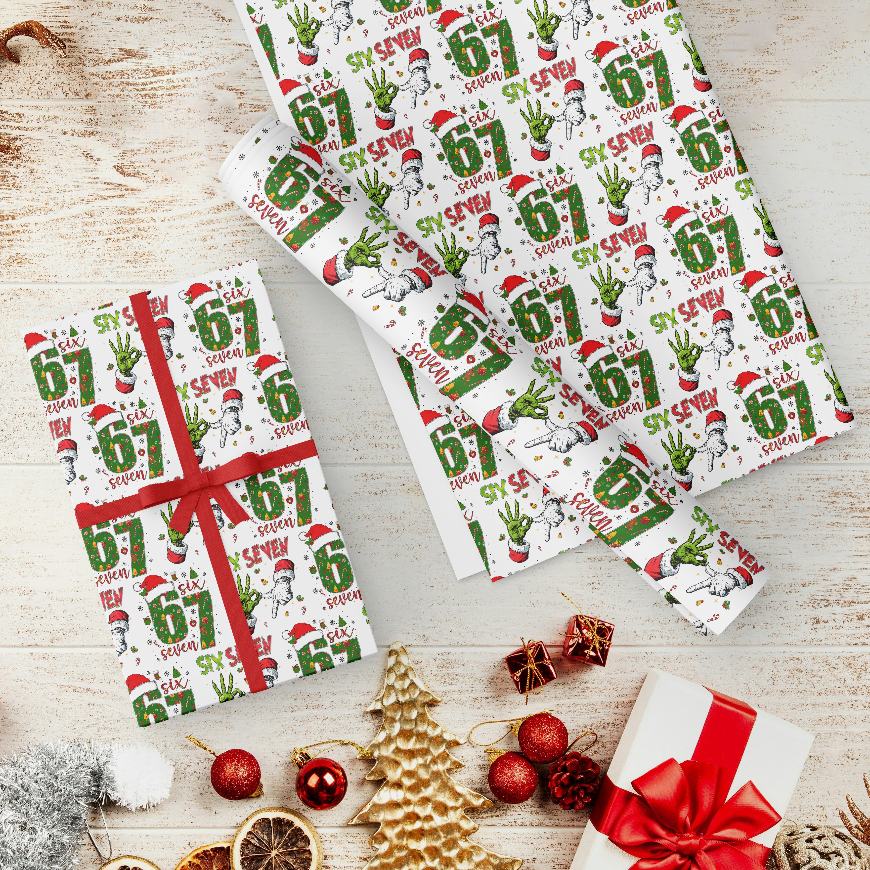 67 Christmas Wrapping Paper, Six Seven Holiday Gift Wrap, Funny Grinch Christmas Paper