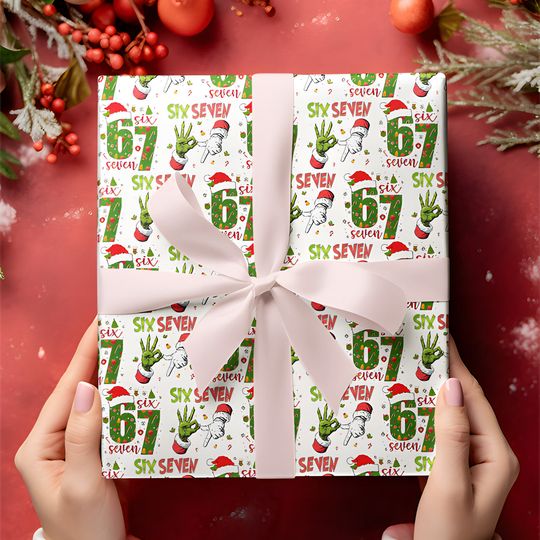 67 Christmas Wrapping Paper, Six Seven Holiday Gift Wrap, Funny Grinch Christmas Paper