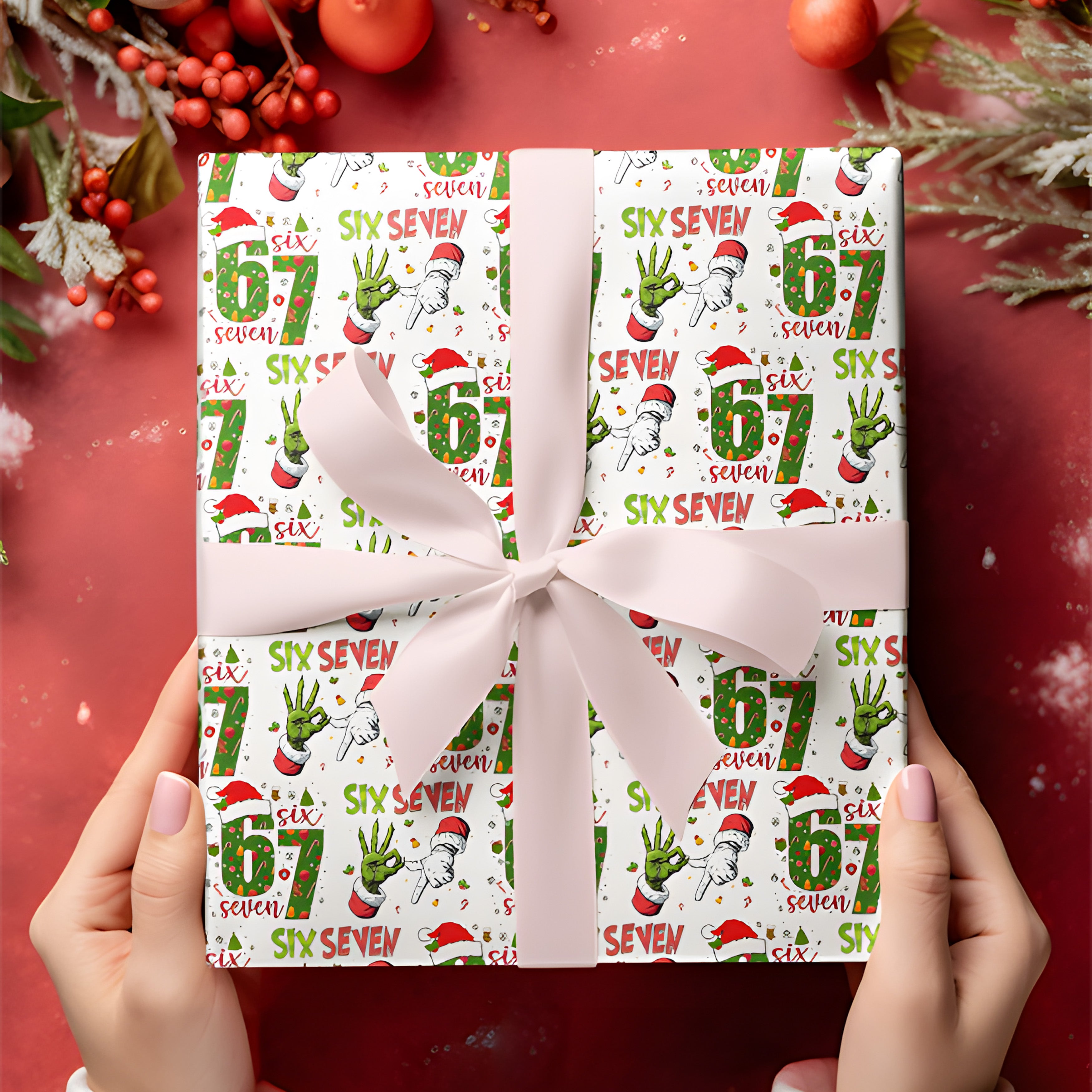67 Christmas Wrapping Paper, Six Seven Holiday Gift Wrap, Funny Grinch Christmas Paper