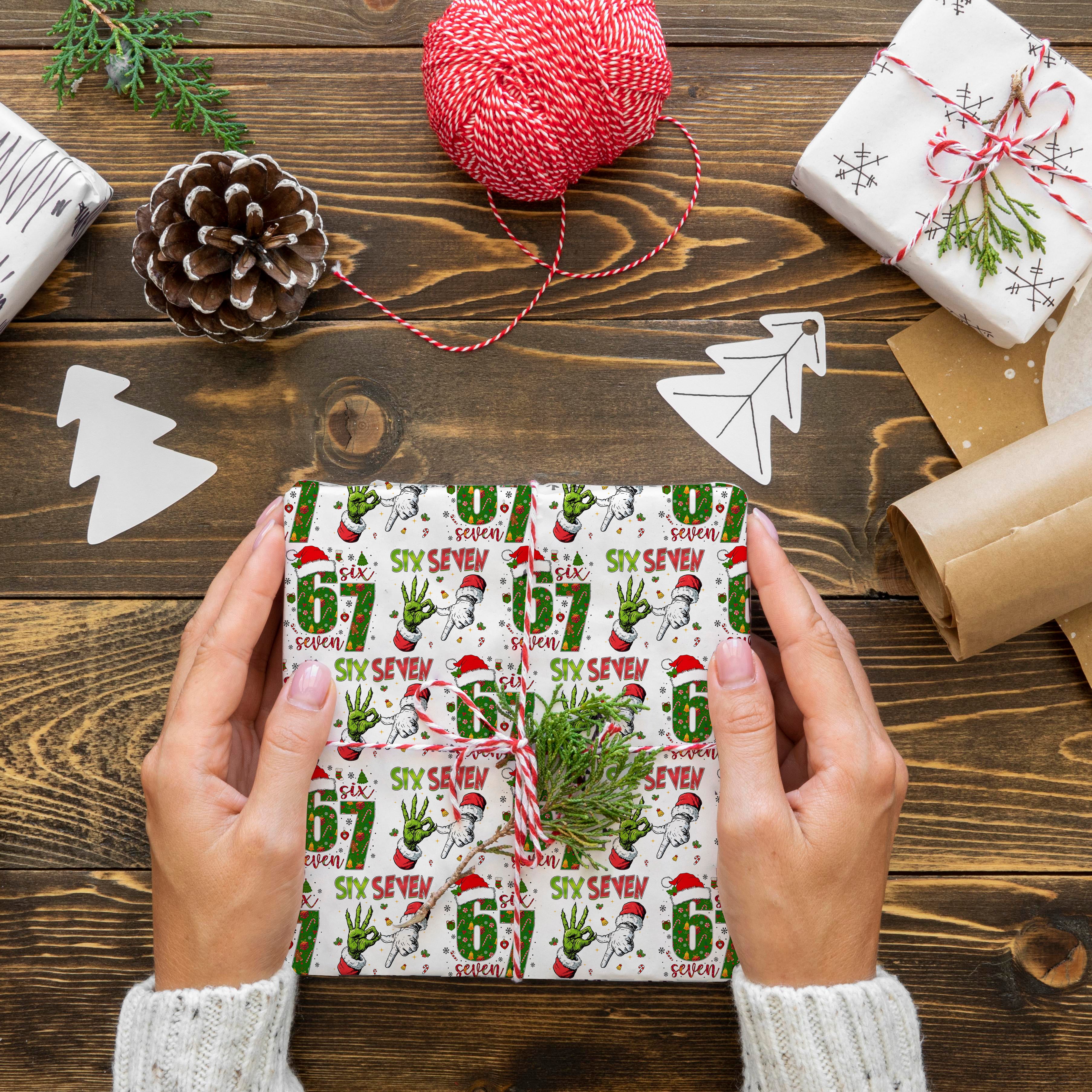 67 Christmas Wrapping Paper, Six Seven Holiday Gift Wrap, Funny Grinch Christmas Paper