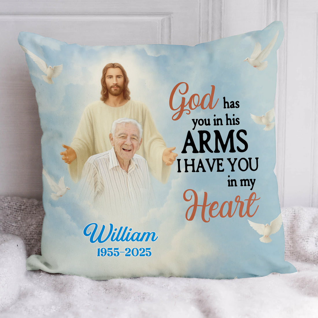God Has You In His Arms - Custom Name and Photo Memorial Gift - Personalized Pillow