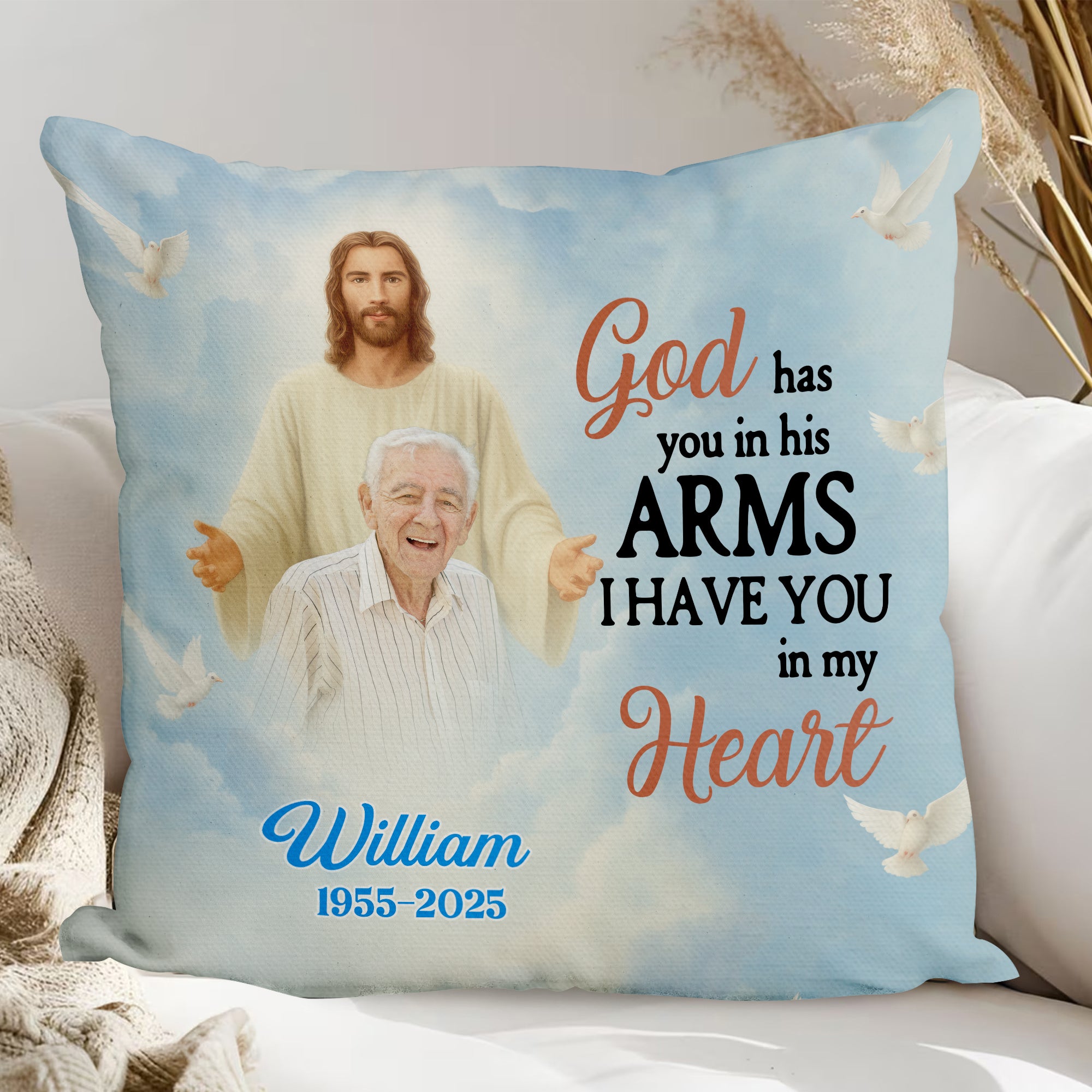 God Has You In His Arms - Custom Name and Photo Memorial Gift - Personalized Pillow