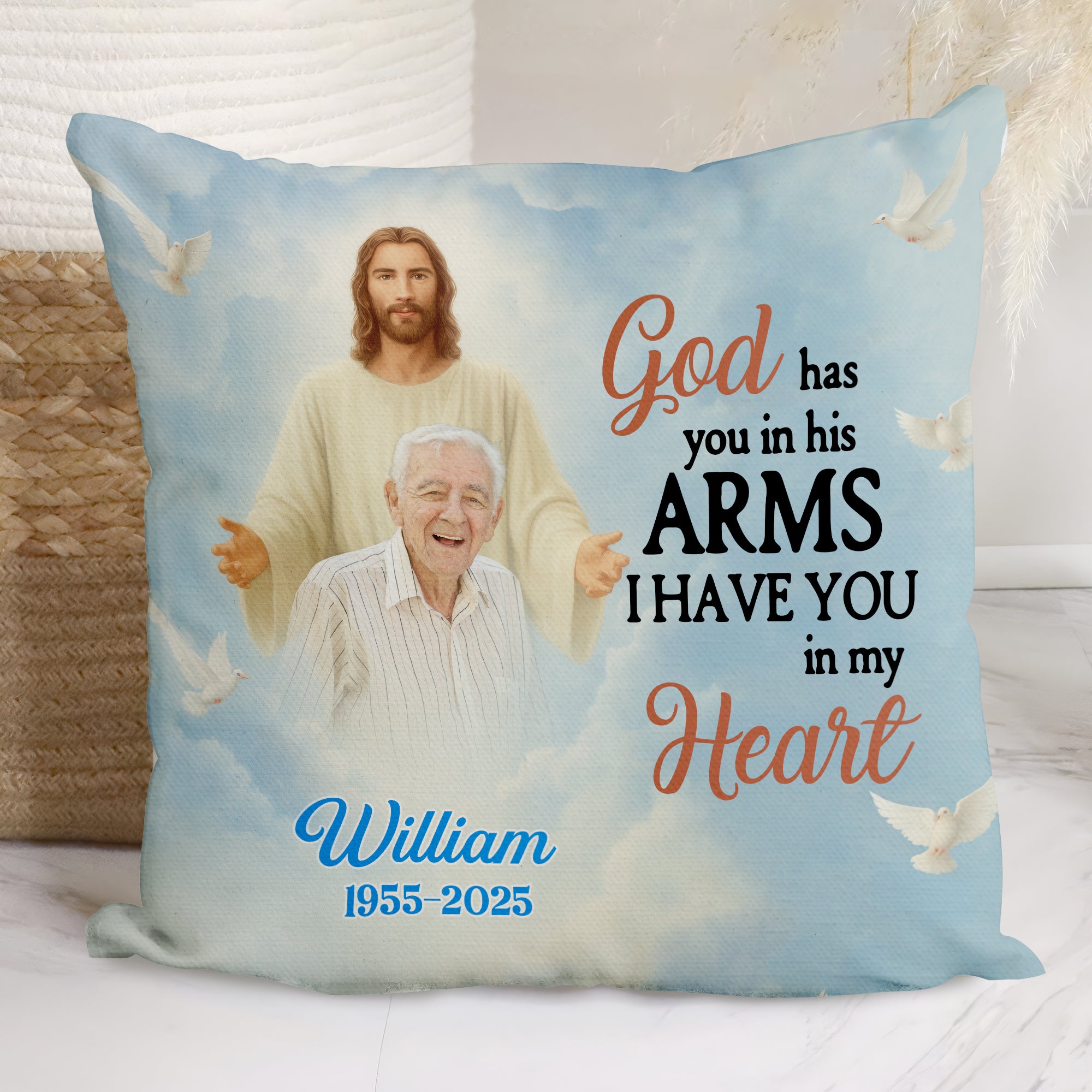 God Has You In His Arms - Custom Name and Photo Memorial Gift - Personalized Pillow