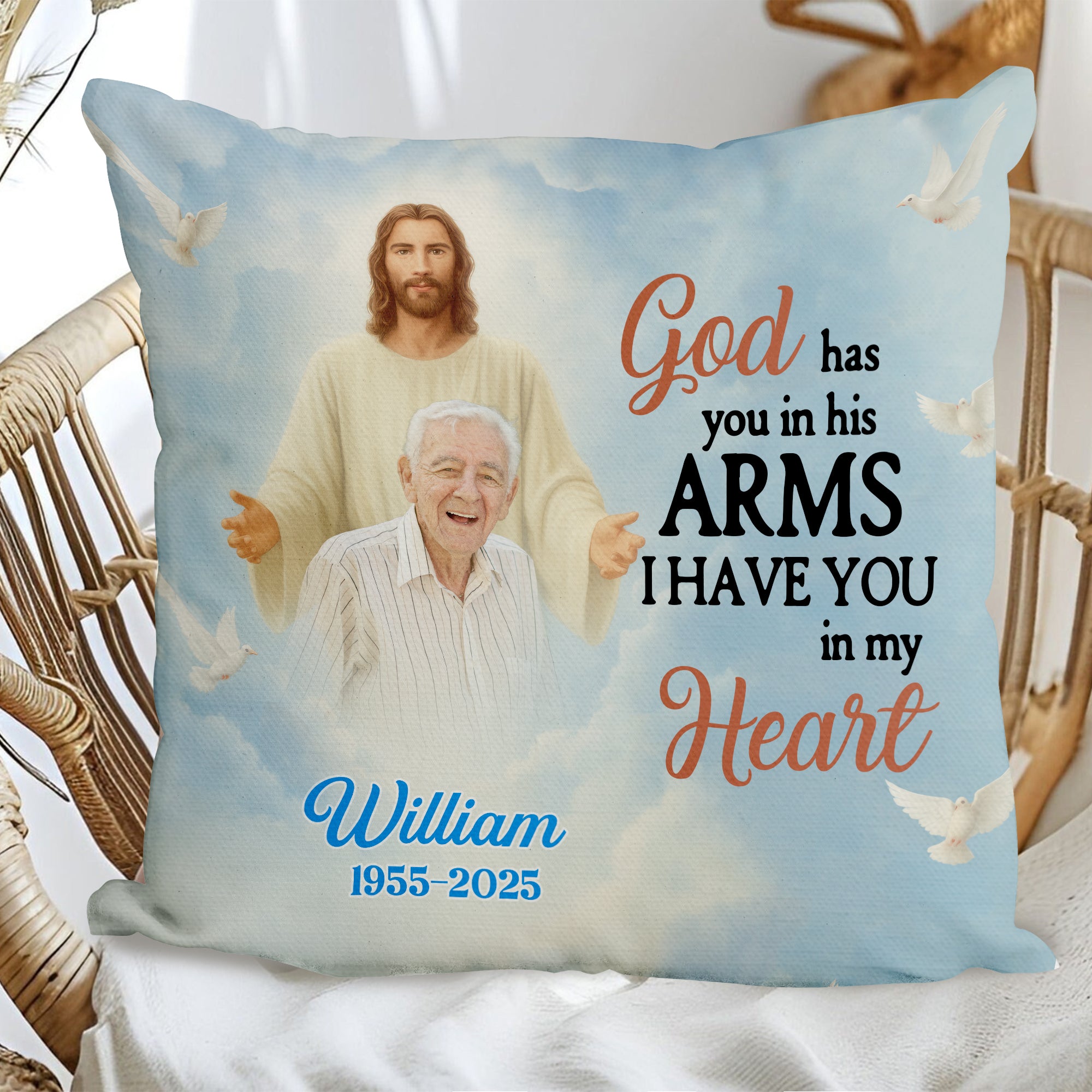 God Has You In His Arms - Custom Name and Photo Memorial Gift - Personalized Pillow