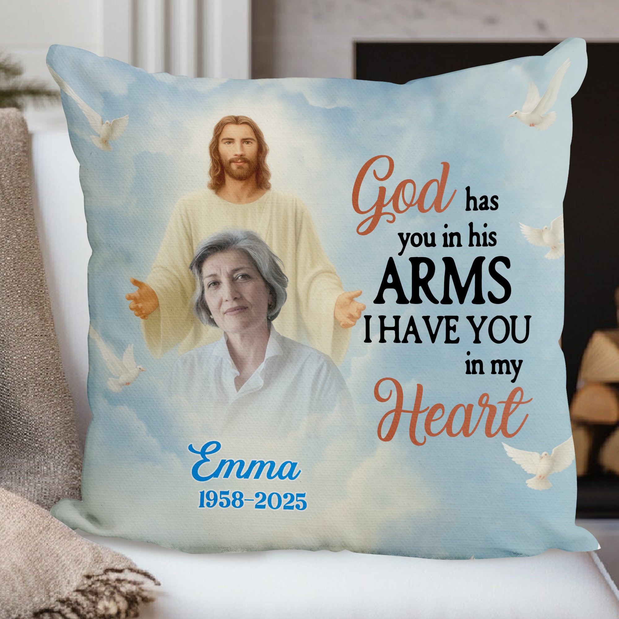 God Has You In His Arms - Custom Name and Photo Memorial Gift - Personalized Pillow