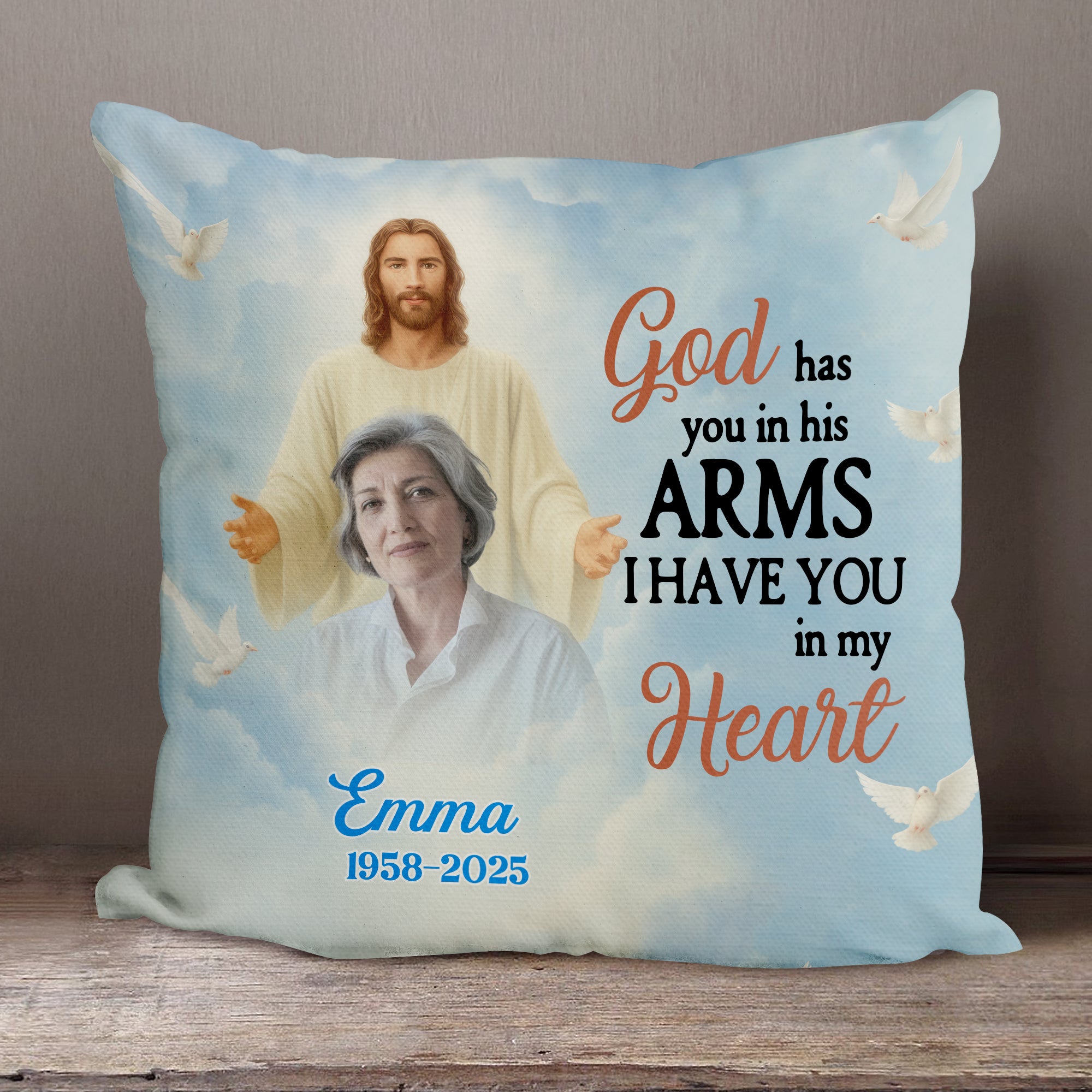 God Has You In His Arms - Custom Name and Photo Memorial Gift - Personalized Pillow