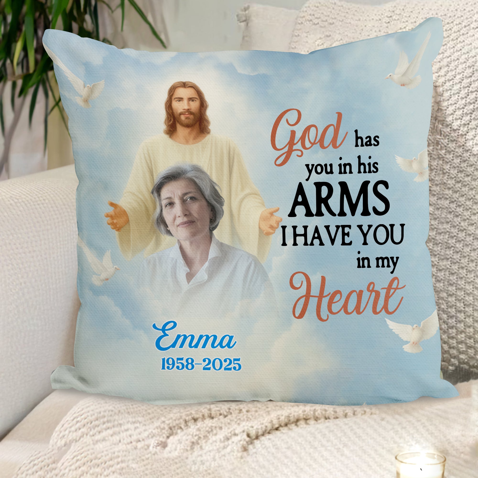 God Has You In His Arms - Custom Name and Photo Memorial Gift - Personalized Pillow