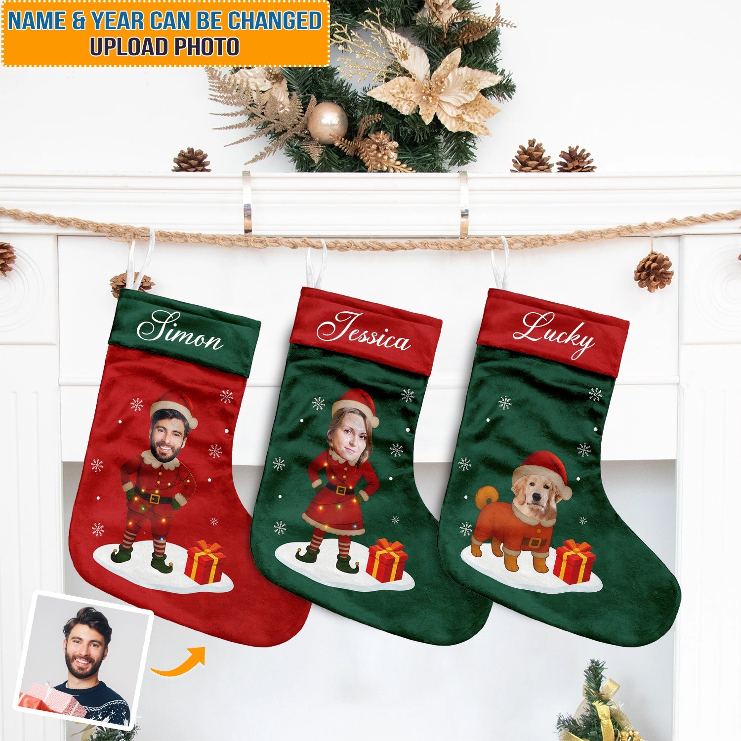 Custom Photo Christmas Stocking, Personalised Name Stocking, Holiday Gift