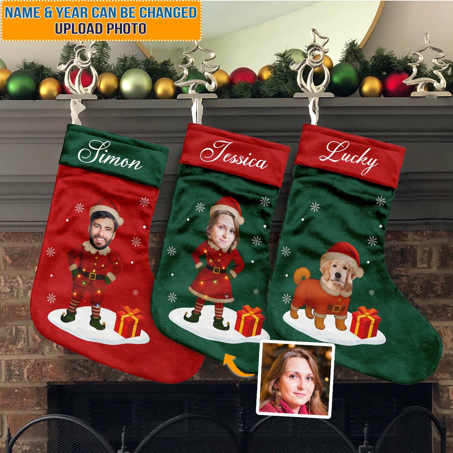 Custom Photo Christmas Stocking, Personalised Name Stocking, Holiday Gift