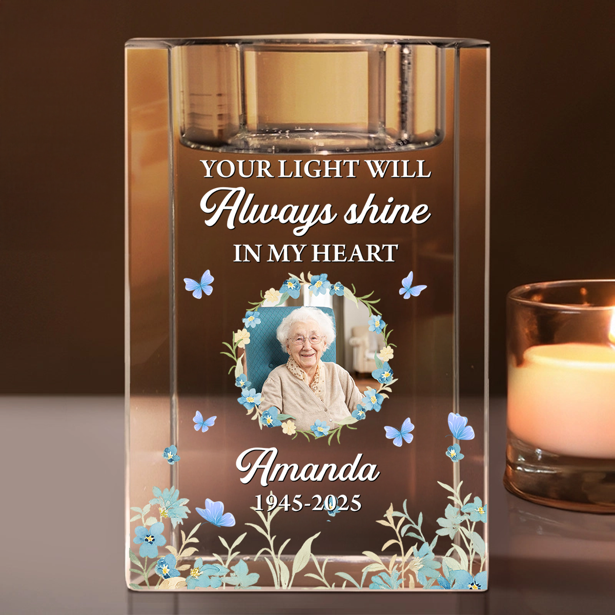 Your Light Will Always Shine - Personalized Crystal Candle Holder - Sympathy Gift