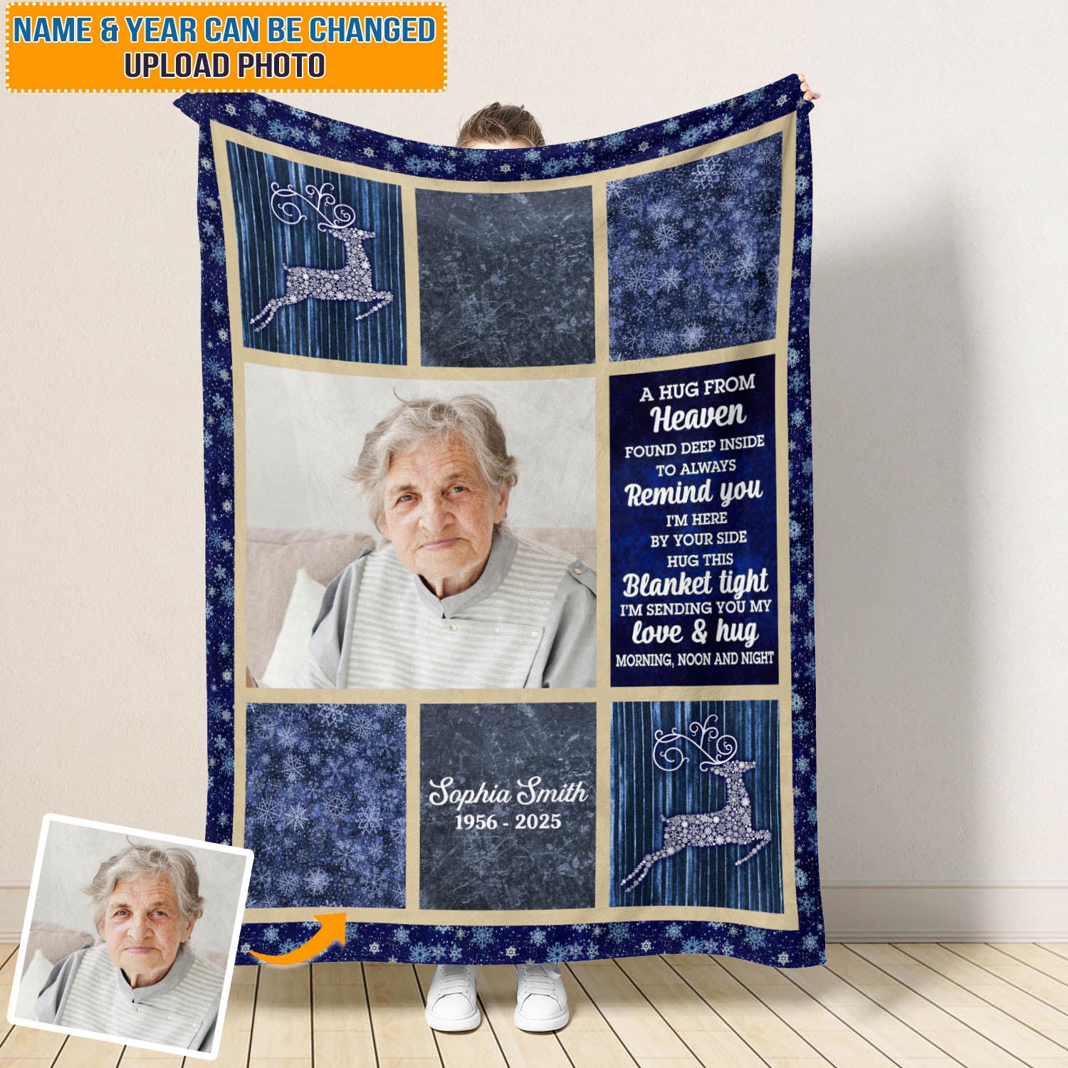 Memorial Gift - A Hug In Heaven - Custom Name and Photo Memorial Blanket