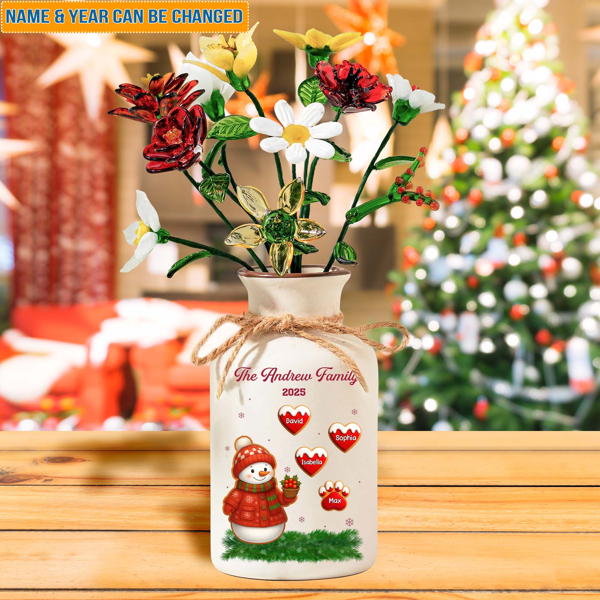 Custom Snowman With Family Names - Personalized Elegant Ceramic Flower Pot Minimalist - Christmas Gift