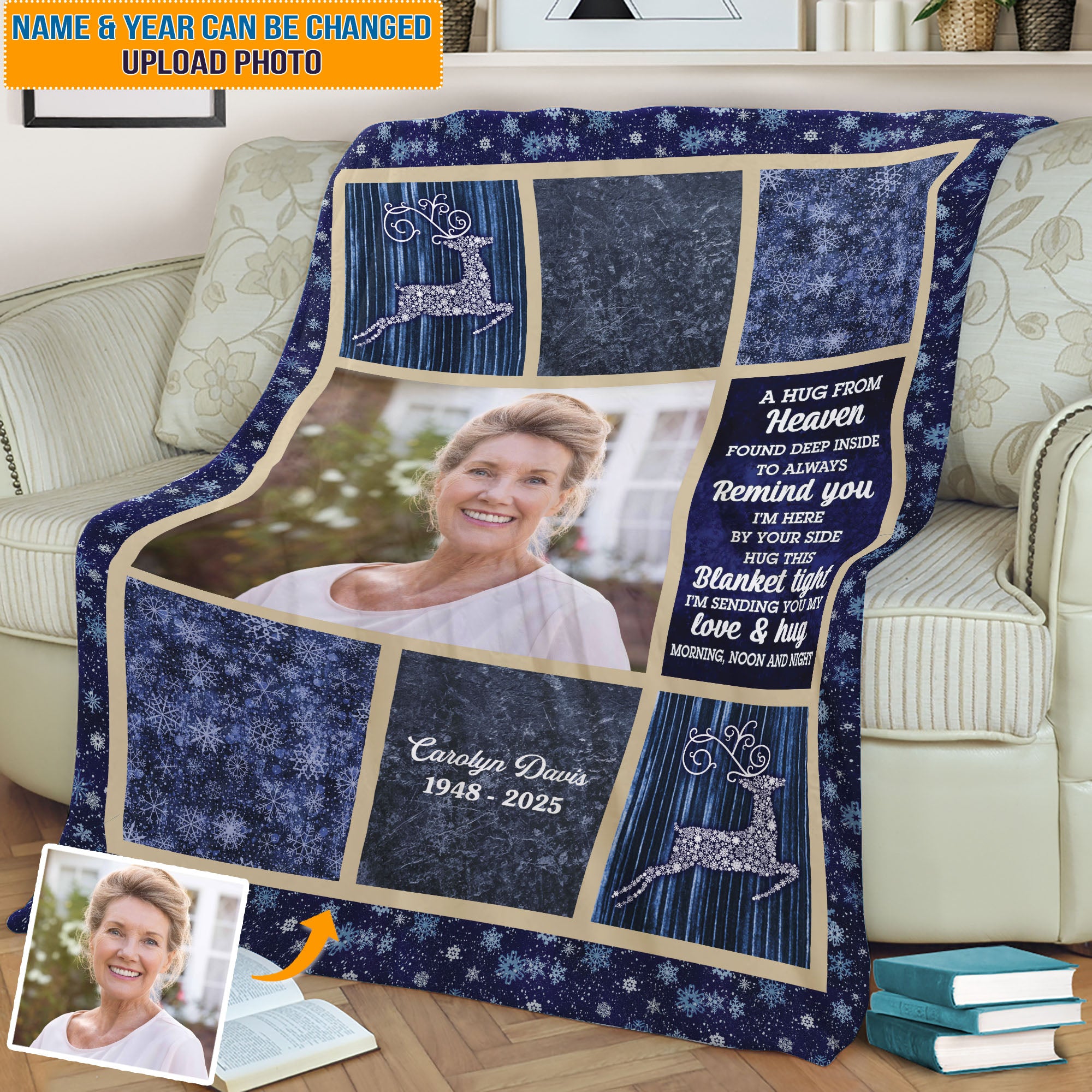 Memorial Gift - A Hug In Heaven - Custom Name and Photo Memorial Blanket