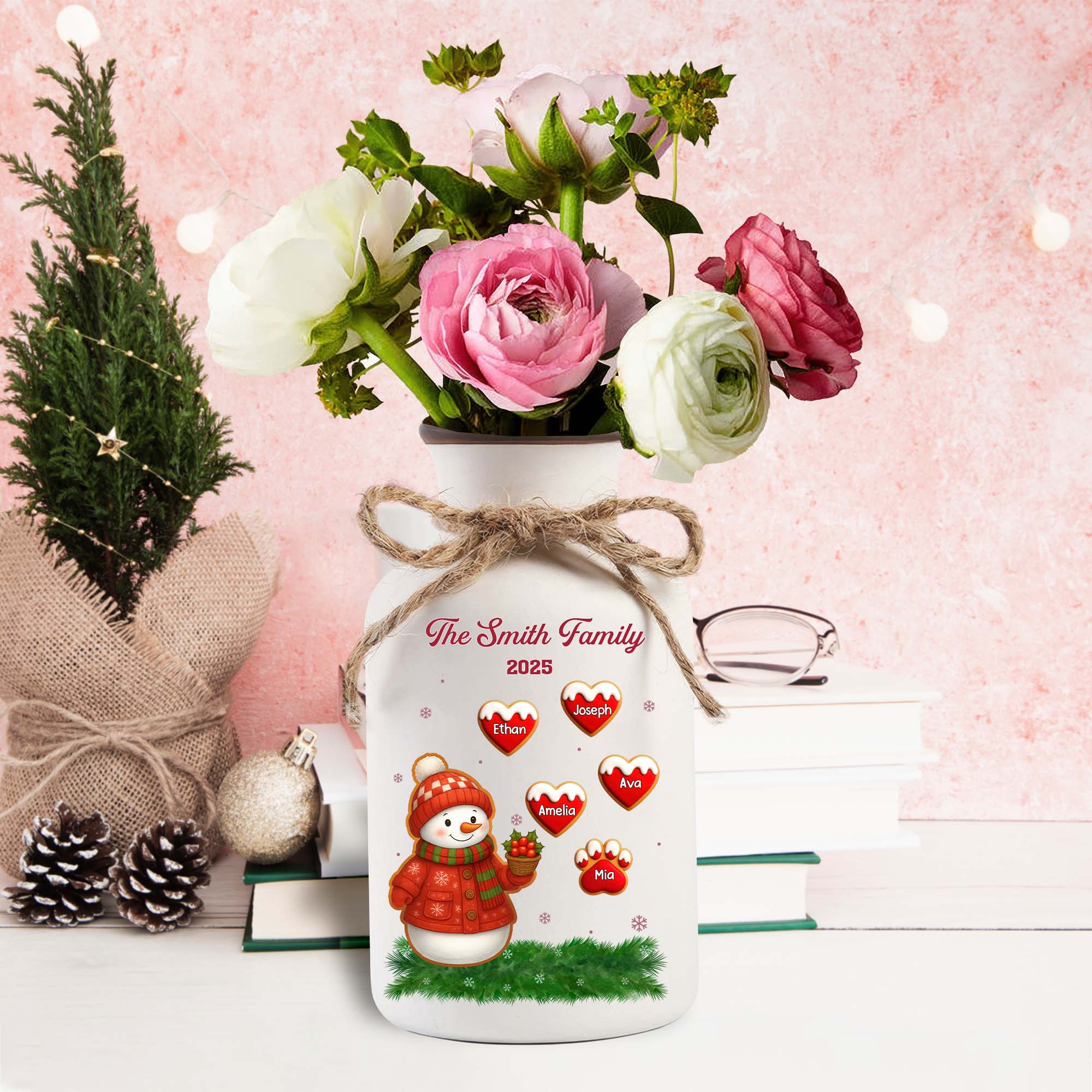 Custom Snowman With Family Names - Personalized Elegant Ceramic Flower Pot Minimalist - Christmas Gift