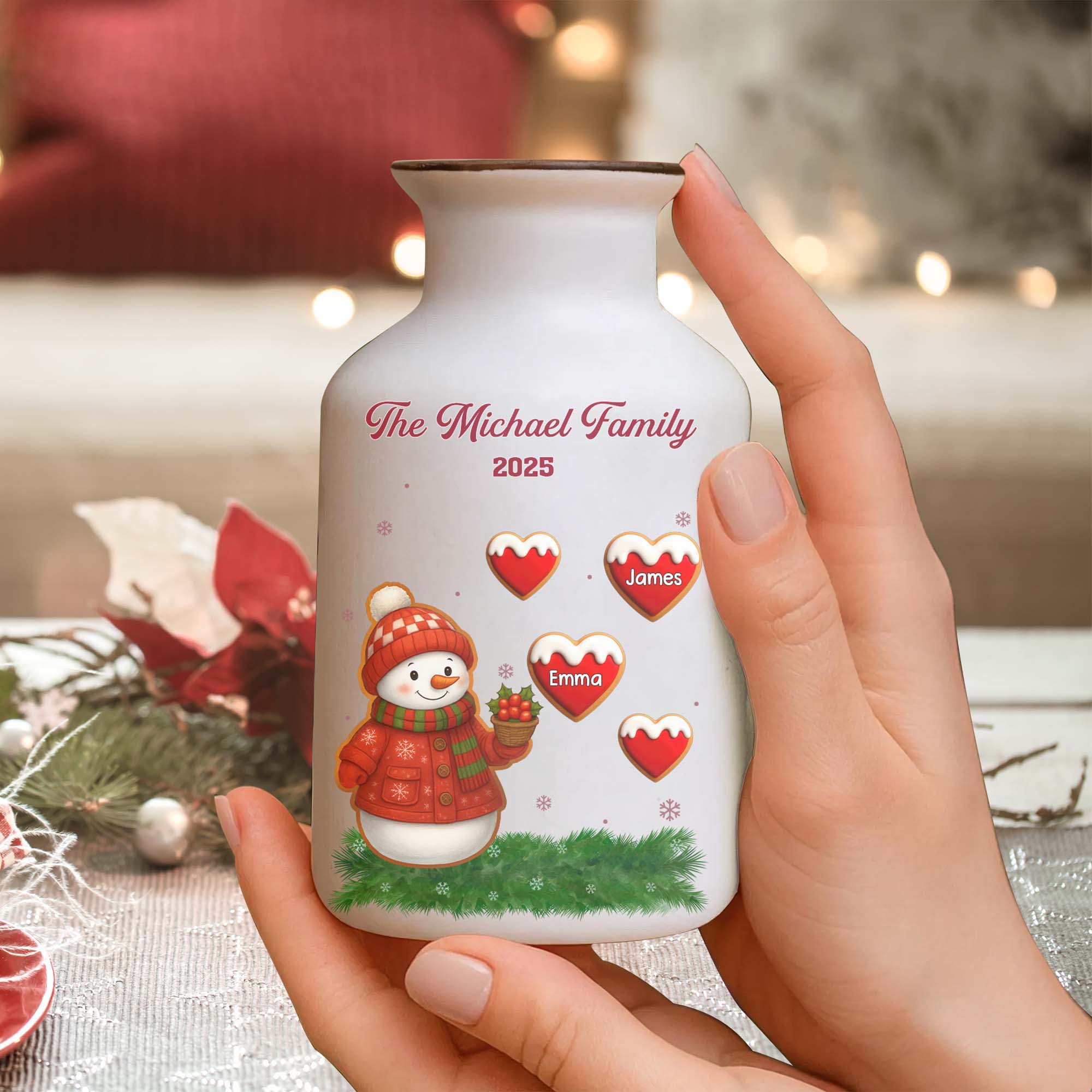 Custom Snowman With Family Names - Personalized Elegant Ceramic Flower Pot Minimalist - Christmas Gift