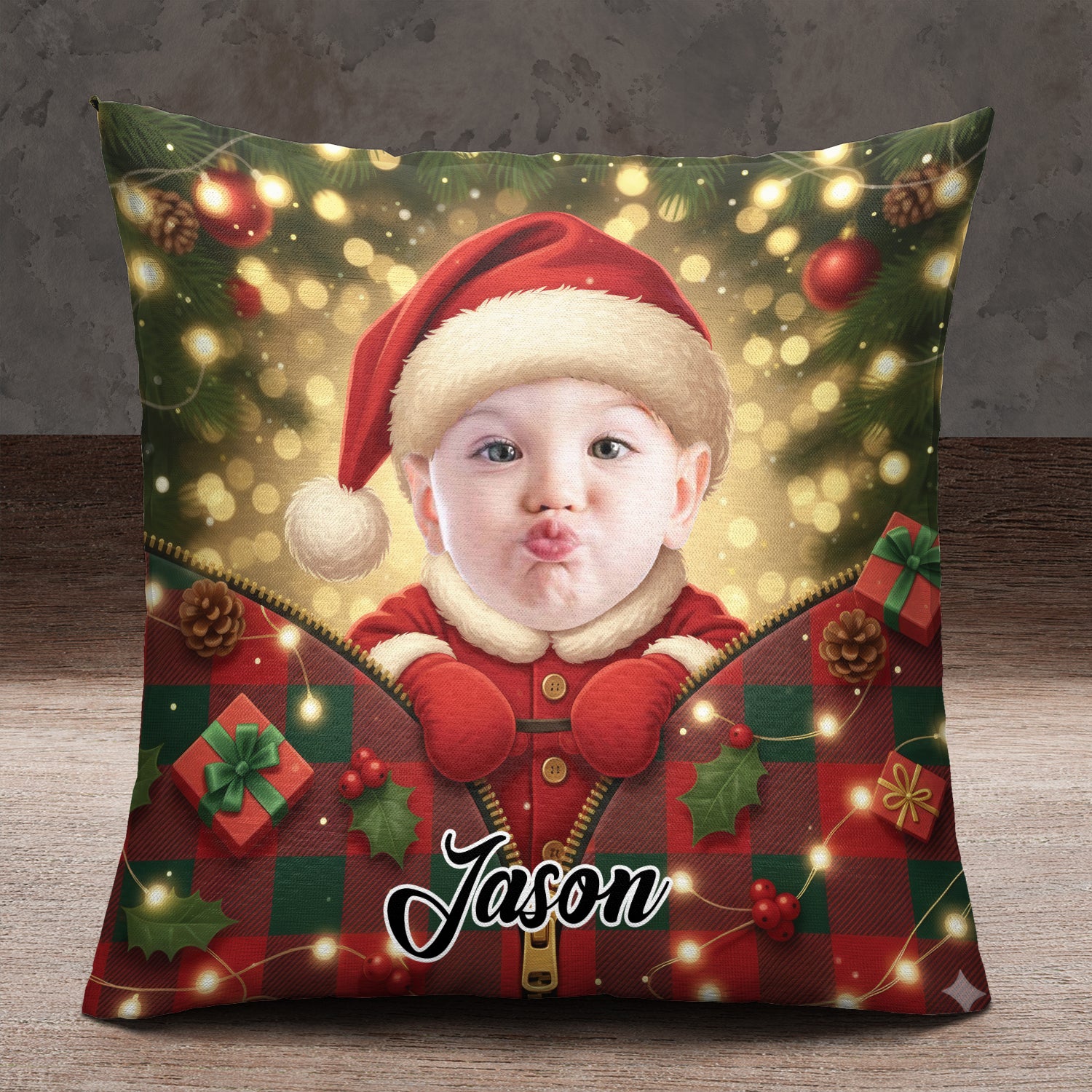 Custom Baby Name and Photo - Christmas Santa - Personalized Pillow
