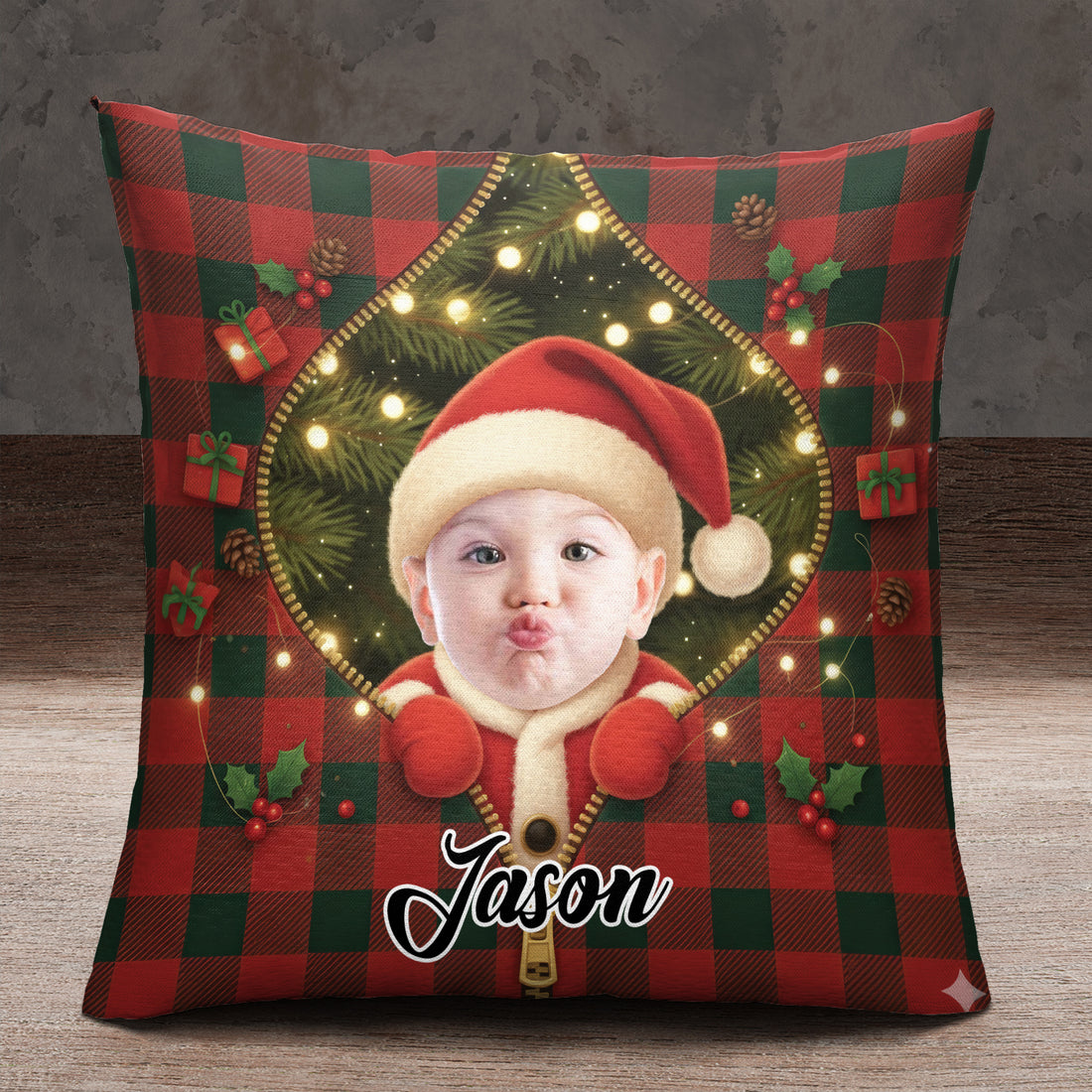 Custom Baby Name and Photo - Christmas Santa - Personalized Pillow