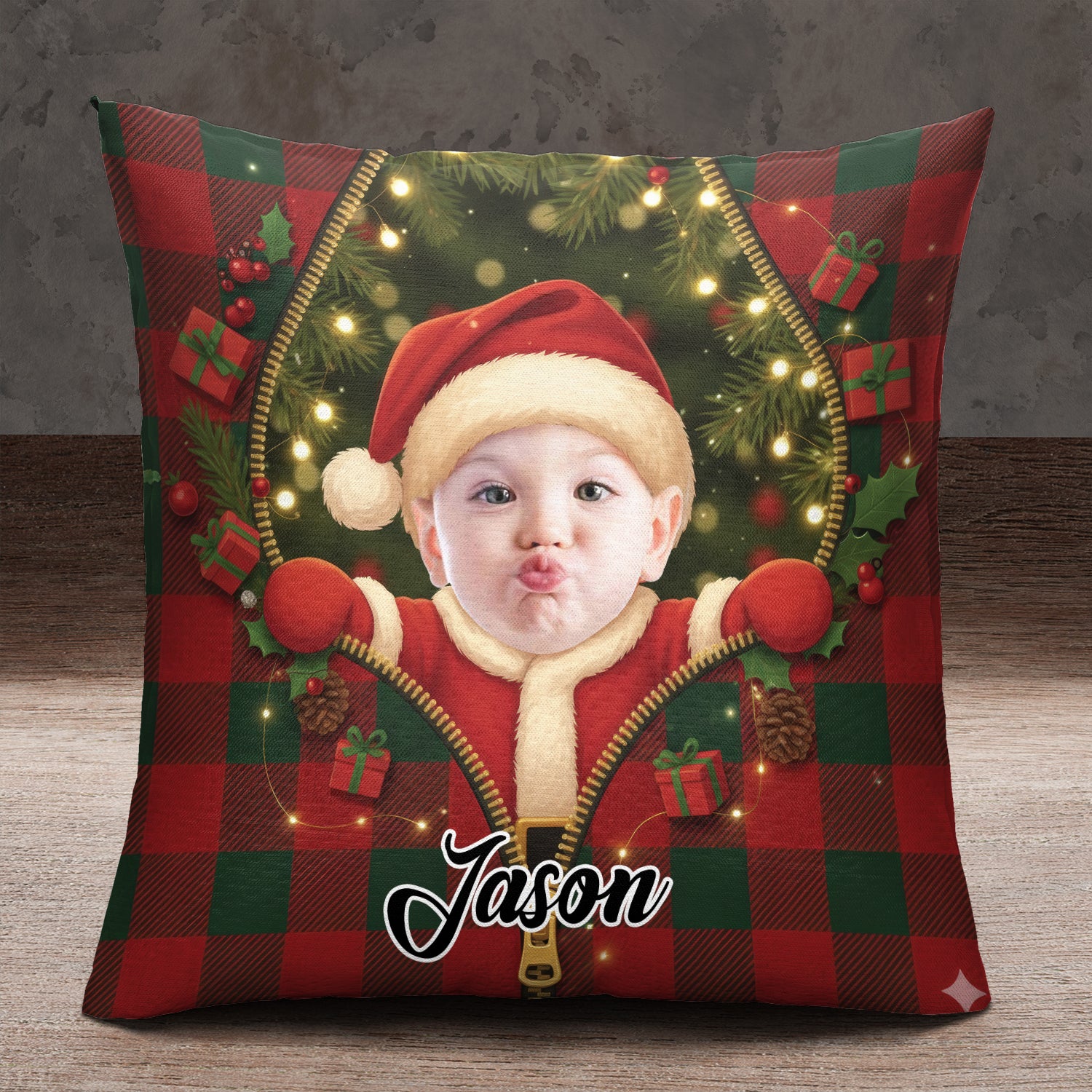 Custom Baby Name and Photo - Christmas Santa - Personalized Pillow
