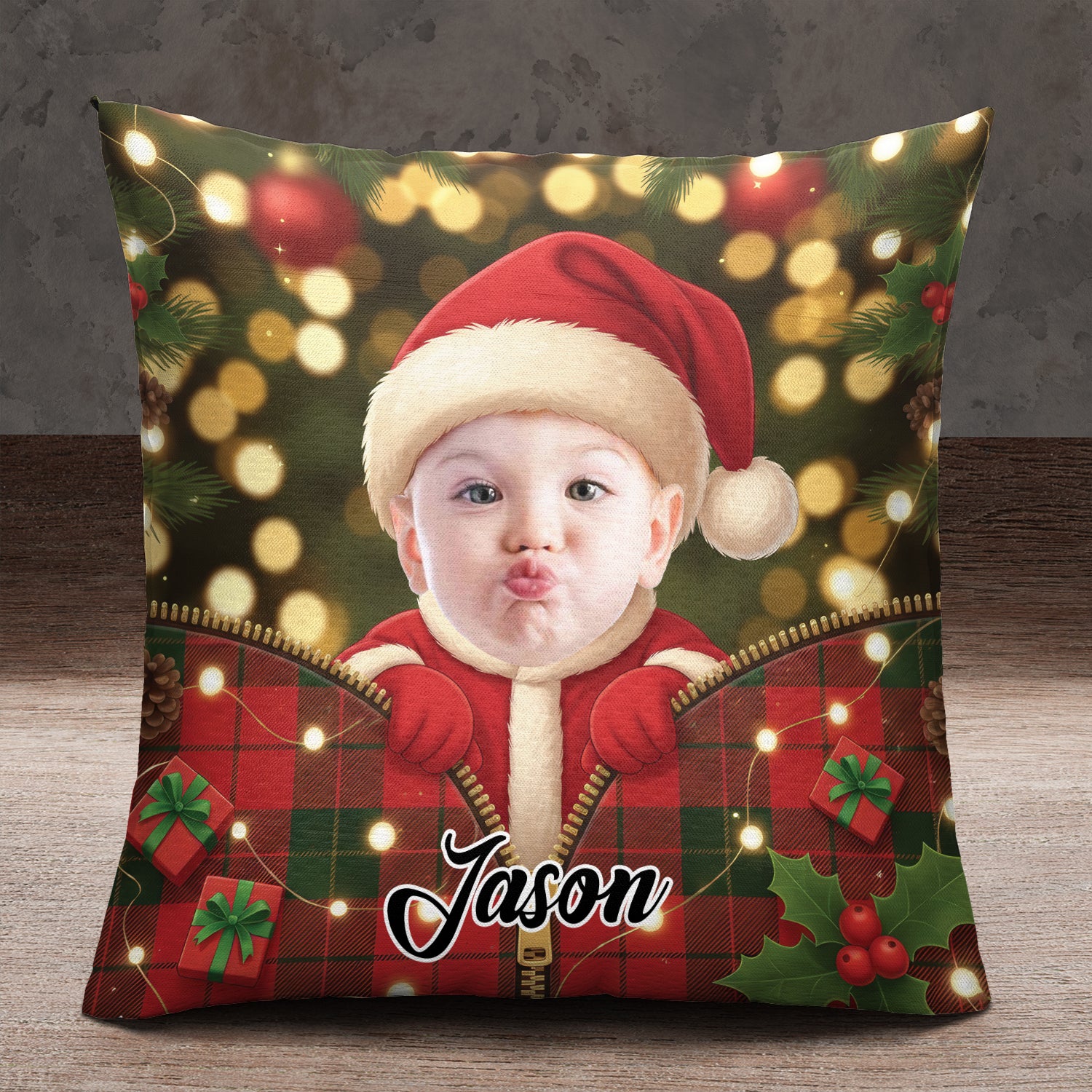 Custom Baby Name and Photo - Christmas Santa - Personalized Pillow