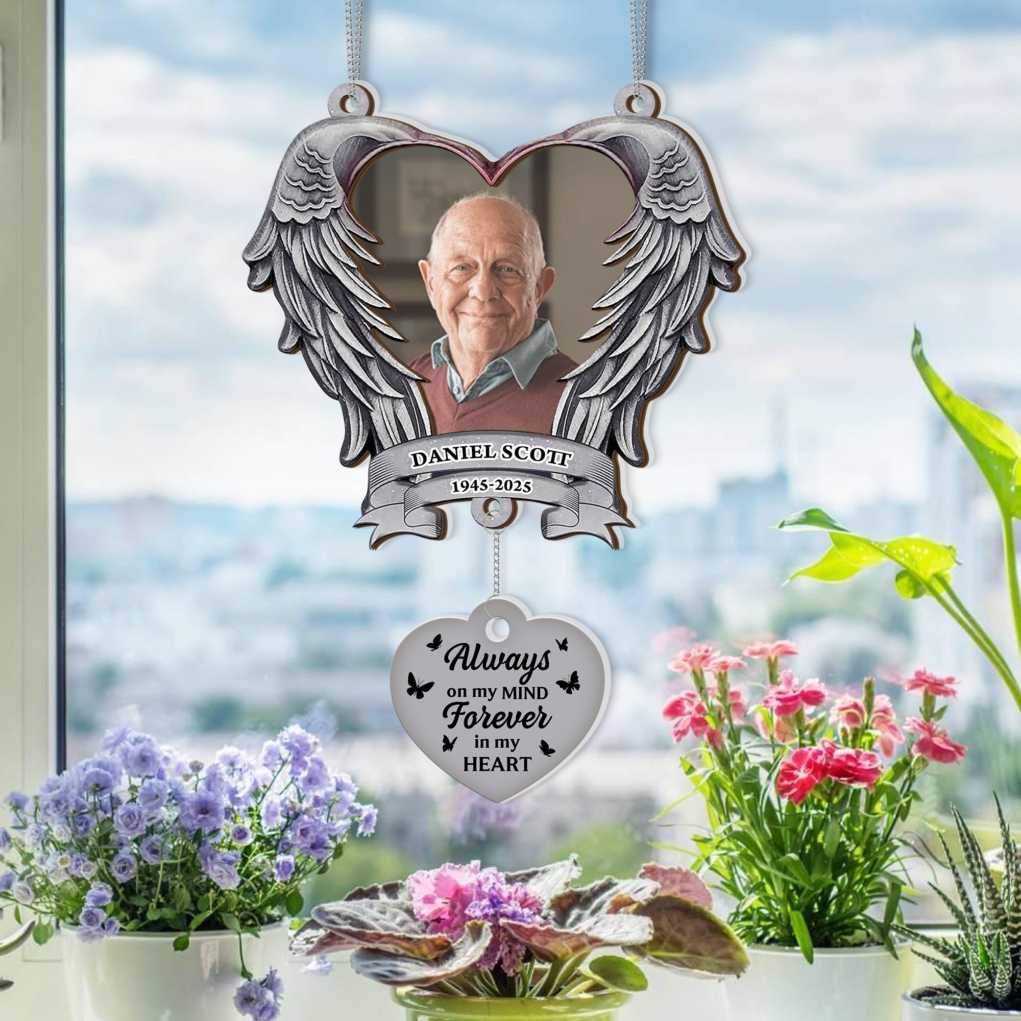 Custom Name and Photo Memorial Gift - 1 Layered Suncatcher with Charm