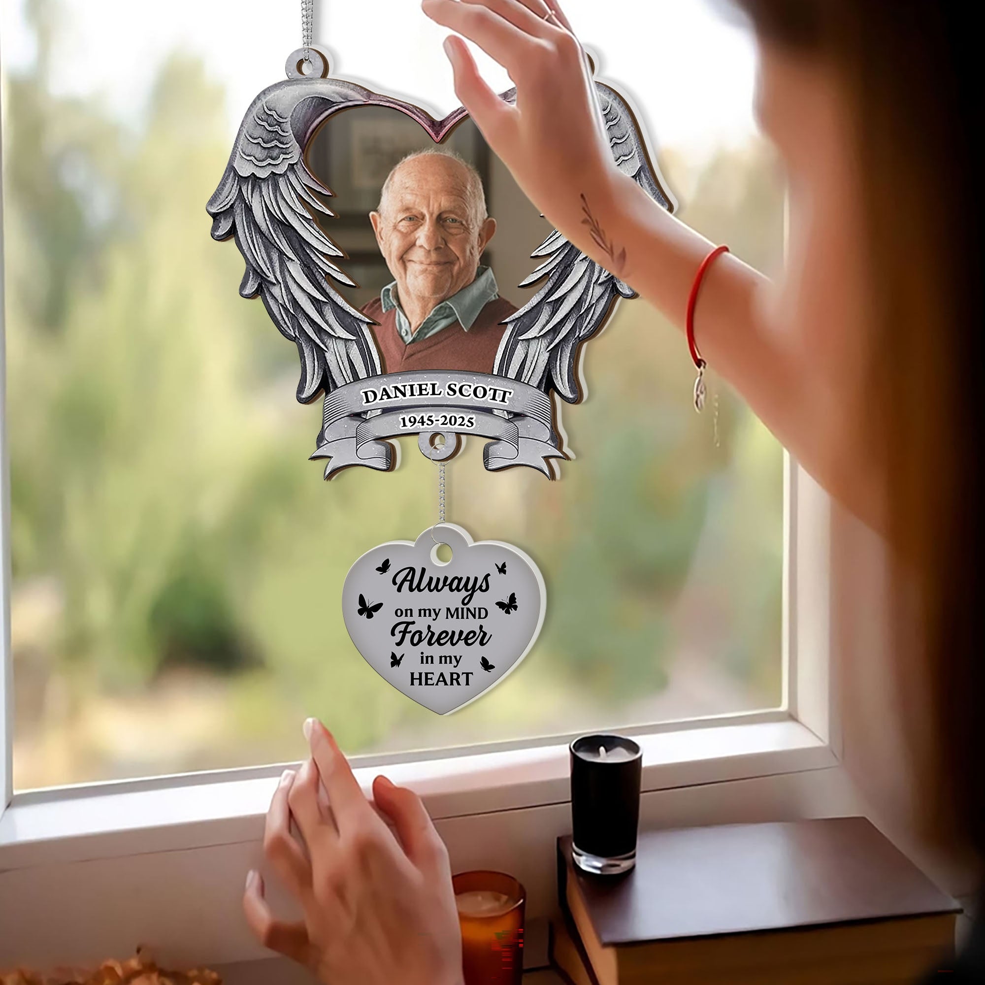 Custom Name and Photo Memorial Gift - 1 Layered Suncatcher with Charm