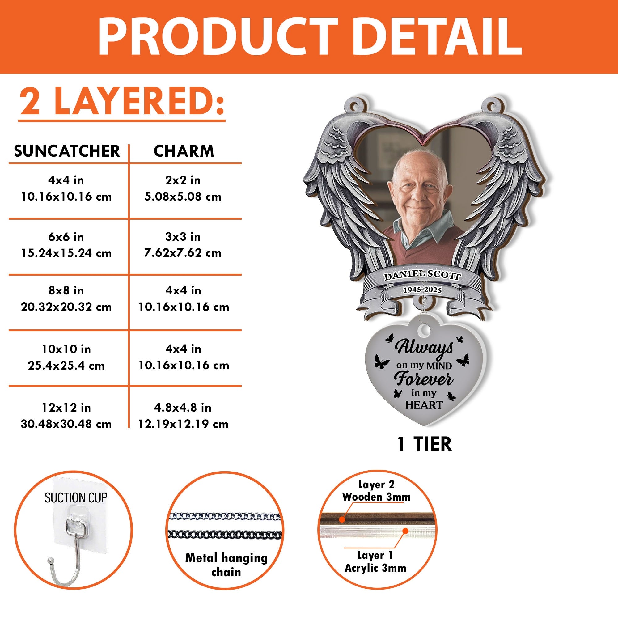 Custom Name and Photo Memorial Gift - 1 Layered Suncatcher with Charm