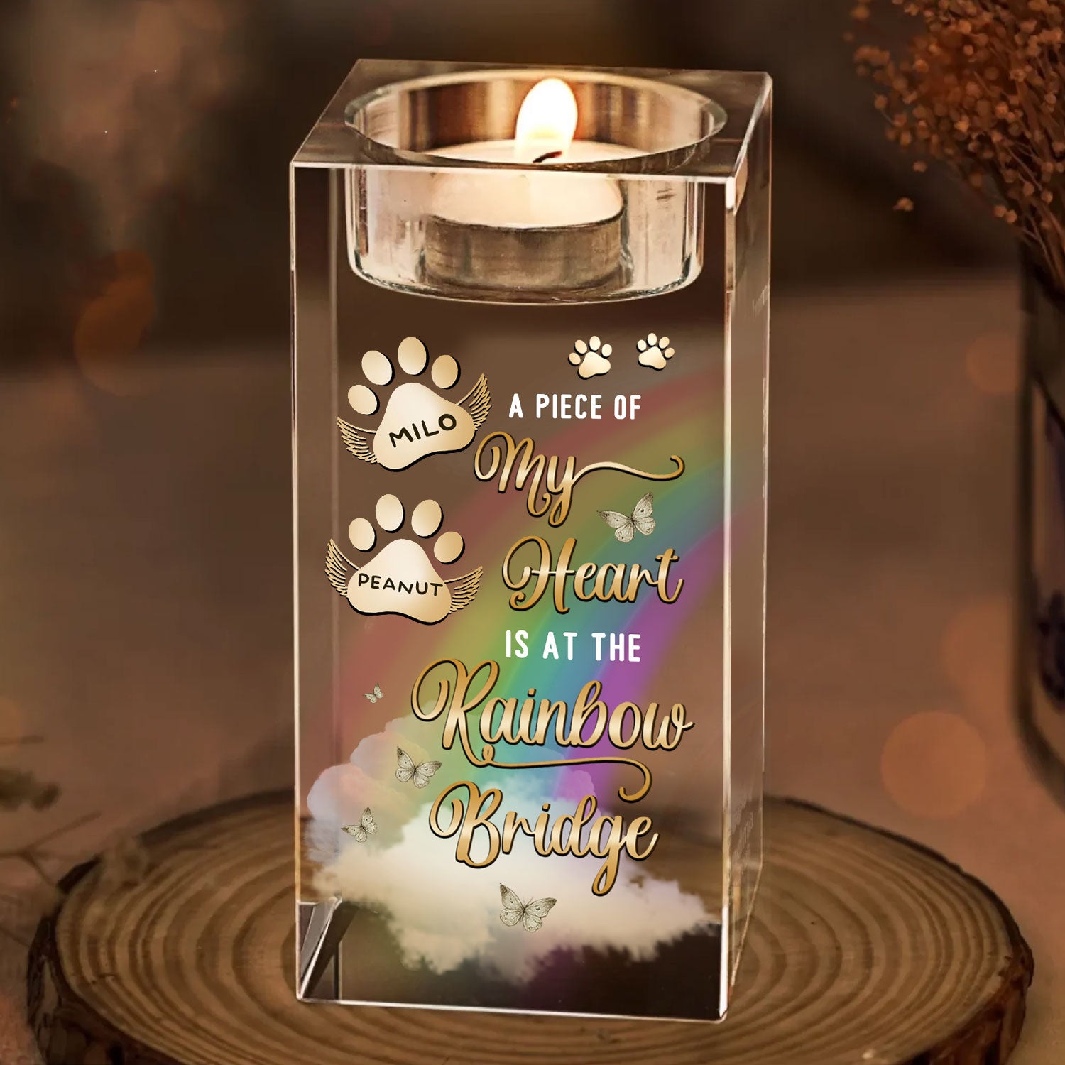 Rainbow Bridge - Custom Pet Name - Personalized Crystal Candle Holder - Pet Memorial Gift