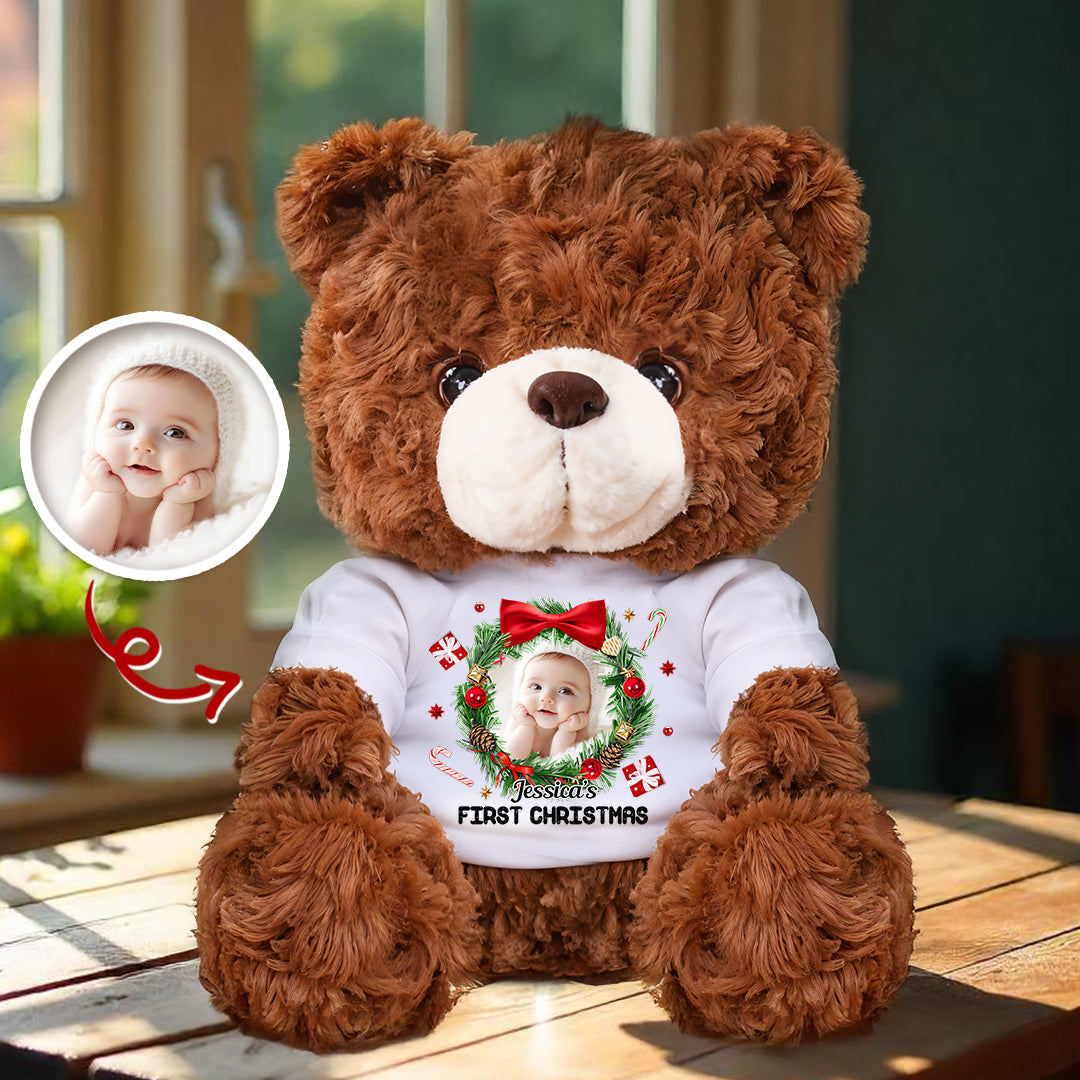 First Christmas - Personalized Bear Plush - Custom Name and Photo Teddy Bear