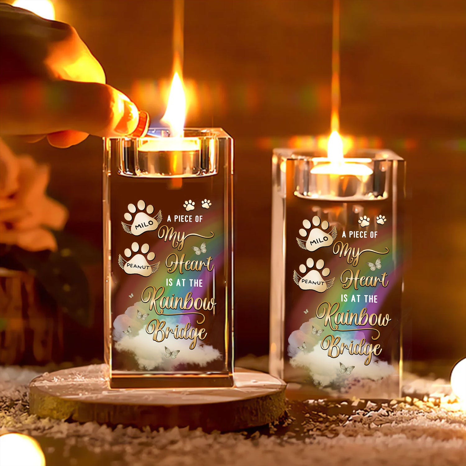 Rainbow Bridge - Custom Pet Name - Personalized Crystal Candle Holder - Pet Memorial Gift