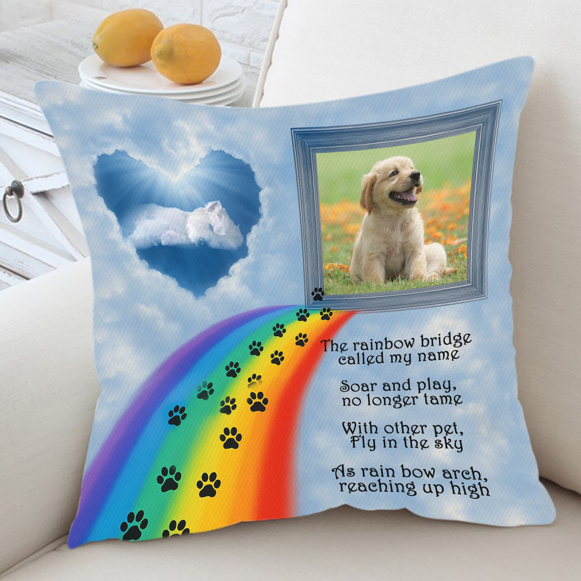 Custom Pet Photo - The Rainbow Bridge - Personalized Pillow - Pet Memorial