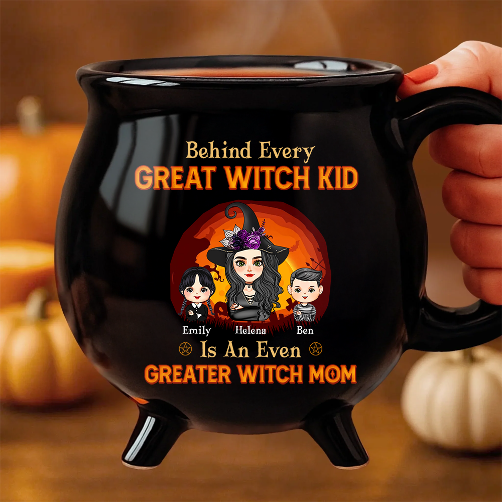 Witch Mom and Kids - Custom Name and Appearance - Personalized Ceramic Cauldron Coffee Mug - Halloween Gift for Mom