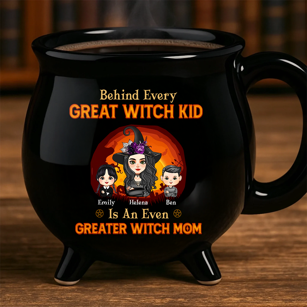 Witch Mom and Kids - Custom Name and Appearance - Personalized Ceramic Cauldron Coffee Mug - Halloween Gift for Mom