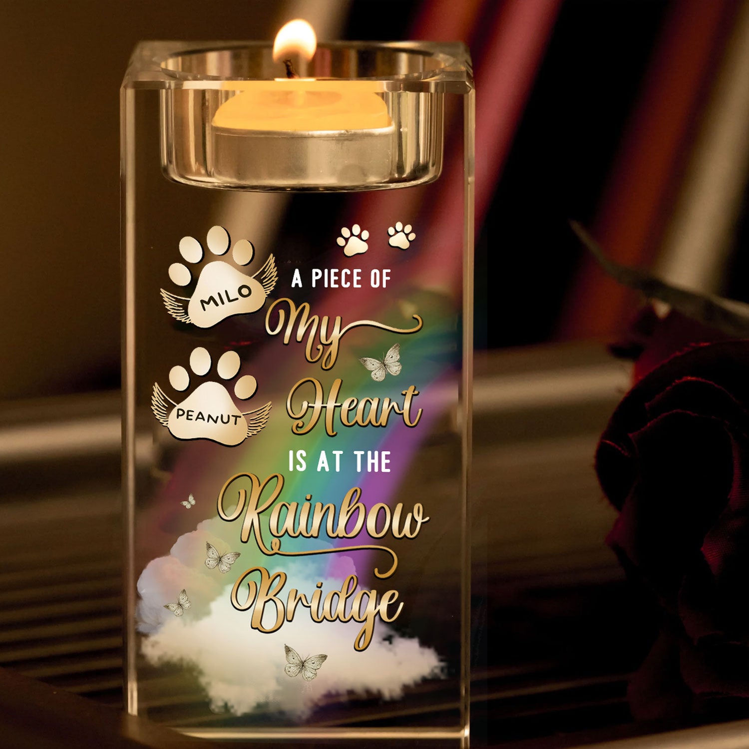 Rainbow Bridge - Custom Pet Name - Personalized Crystal Candle Holder - Pet Memorial Gift