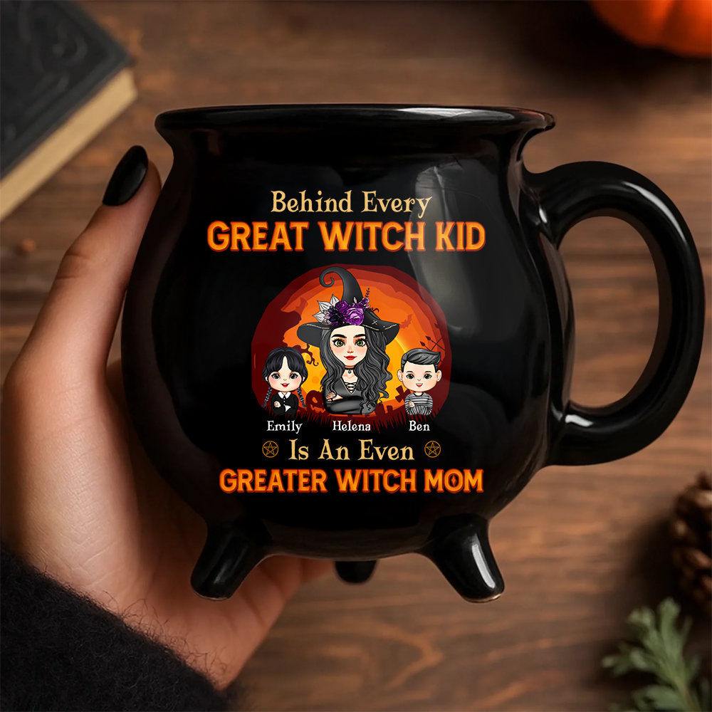 Witch Mom and Kids - Custom Name and Appearance - Personalized Ceramic Cauldron Coffee Mug - Halloween Gift for Mom