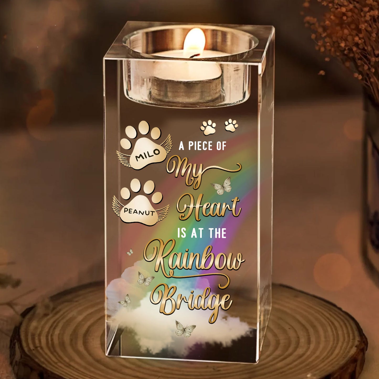 Rainbow Bridge - Custom Pet Name - Personalized Crystal Candle Holder - Pet Memorial Gift