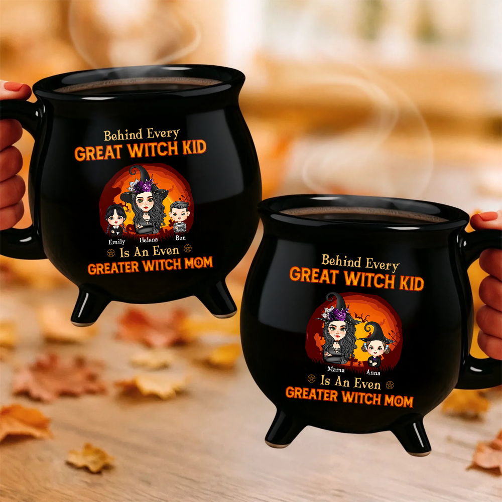 Witch Mom and Kids - Custom Name and Appearance - Personalized Ceramic Cauldron Coffee Mug - Halloween Gift for Mom
